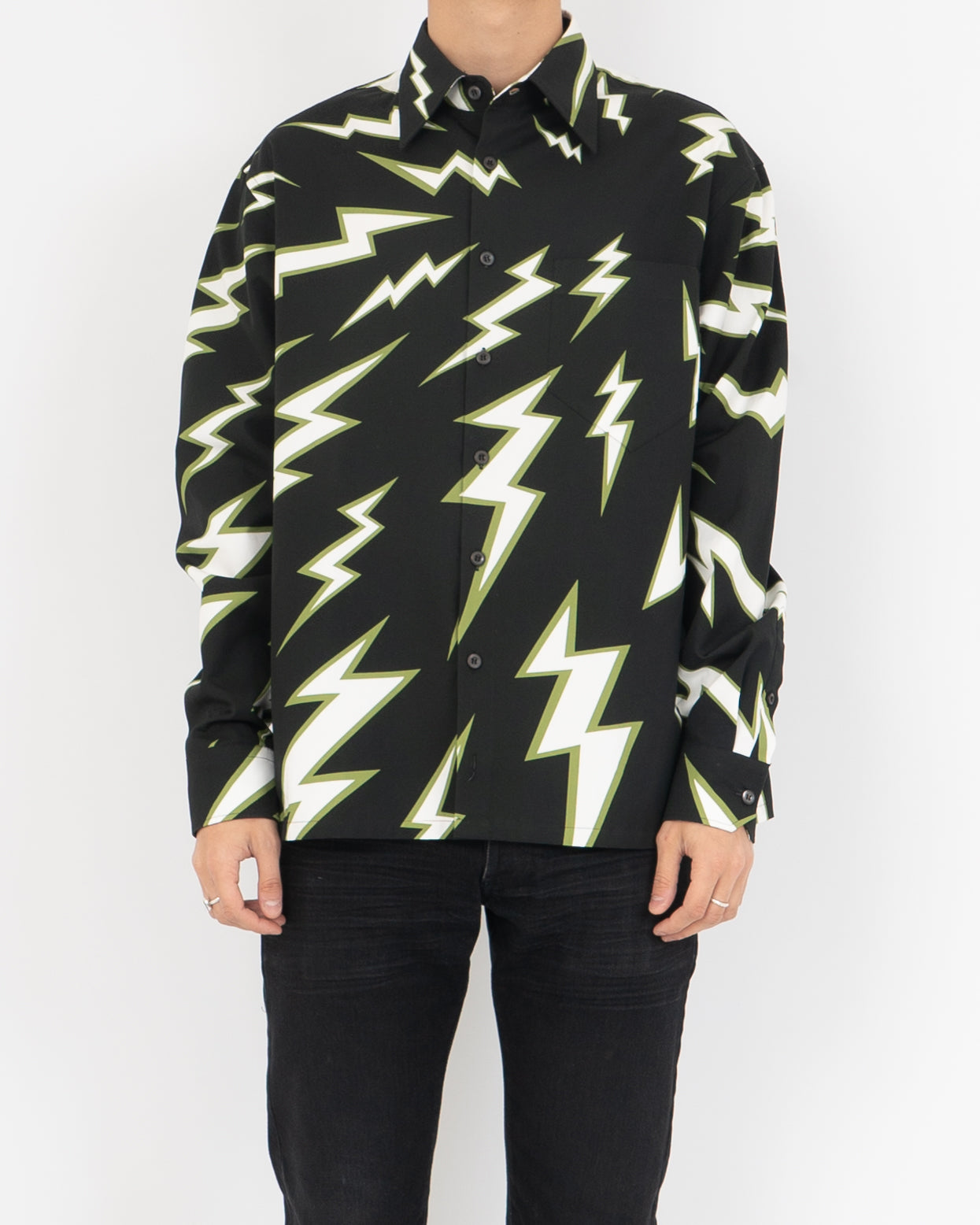 lightning bolt dress shirt 80S 90S Neon Blue Yellow Lightning Bolt Men's Casual Long Sleeve Button Down Pocket Shirt