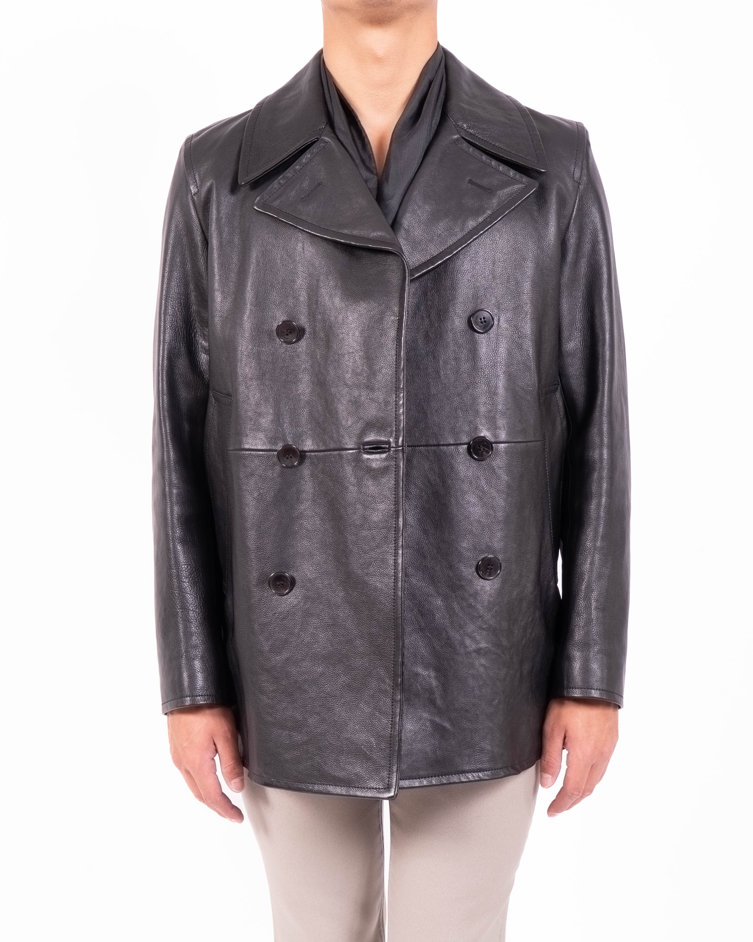 FW17 Double Breasted Coat in Black Textured Leather