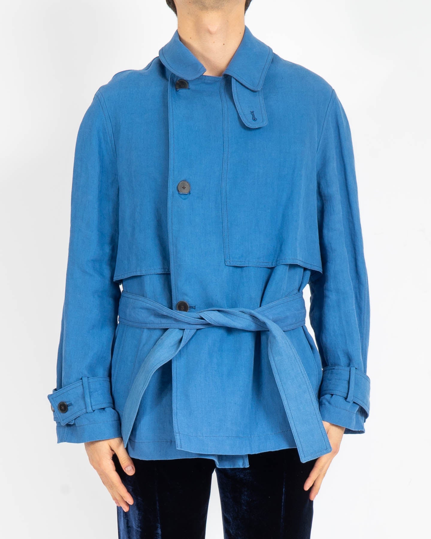 SS19 Cropped Blue Linen Caban Jacket