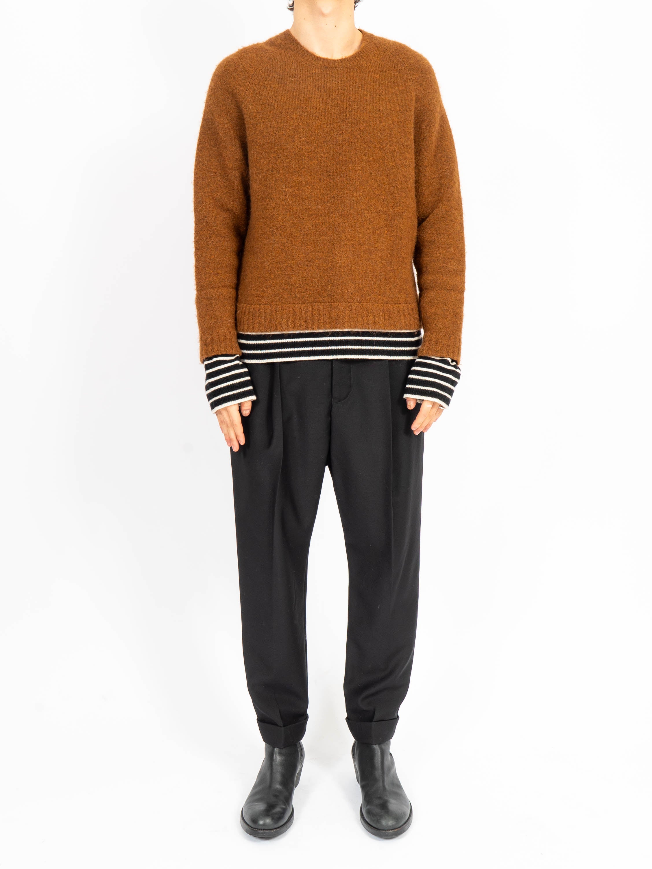 FW18 Knit with Striped T-Shirt Layer Brown