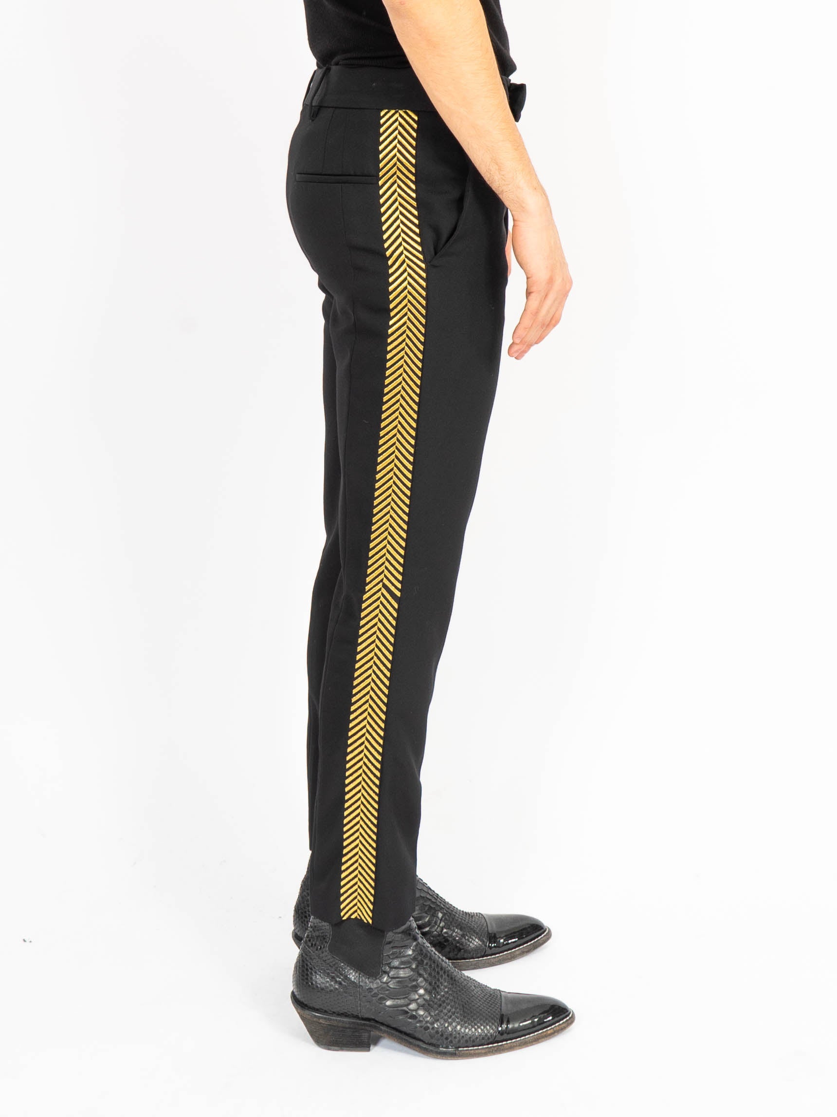 FW19 Slim Black Wool Trousers Gold Side Embroidery