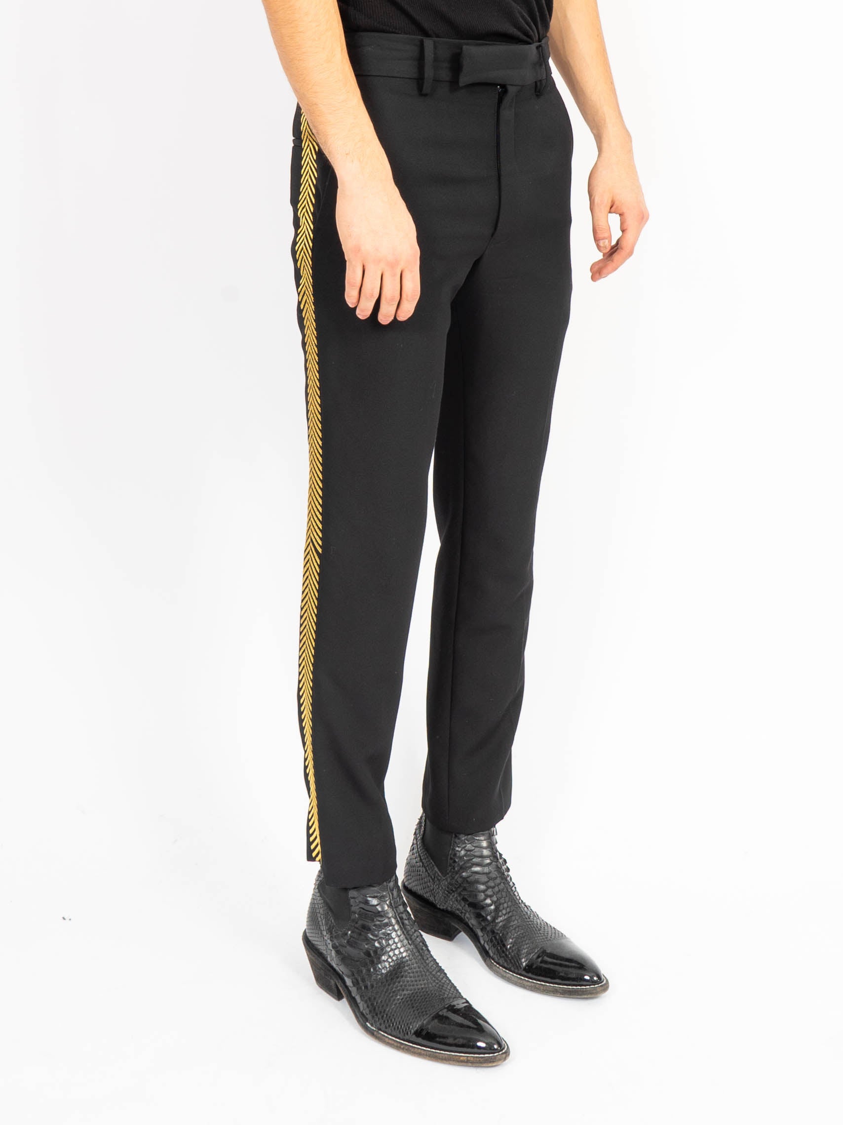 FW19 Slim Black Wool Trousers Gold Side Embroidery