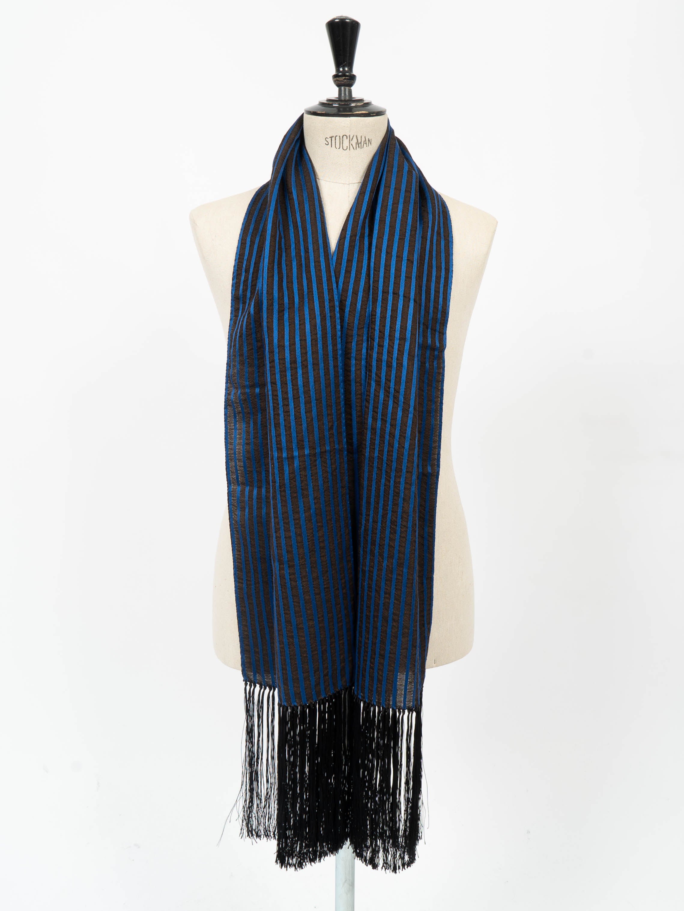 SS14 Blue Striped Fringed Wool Scarf