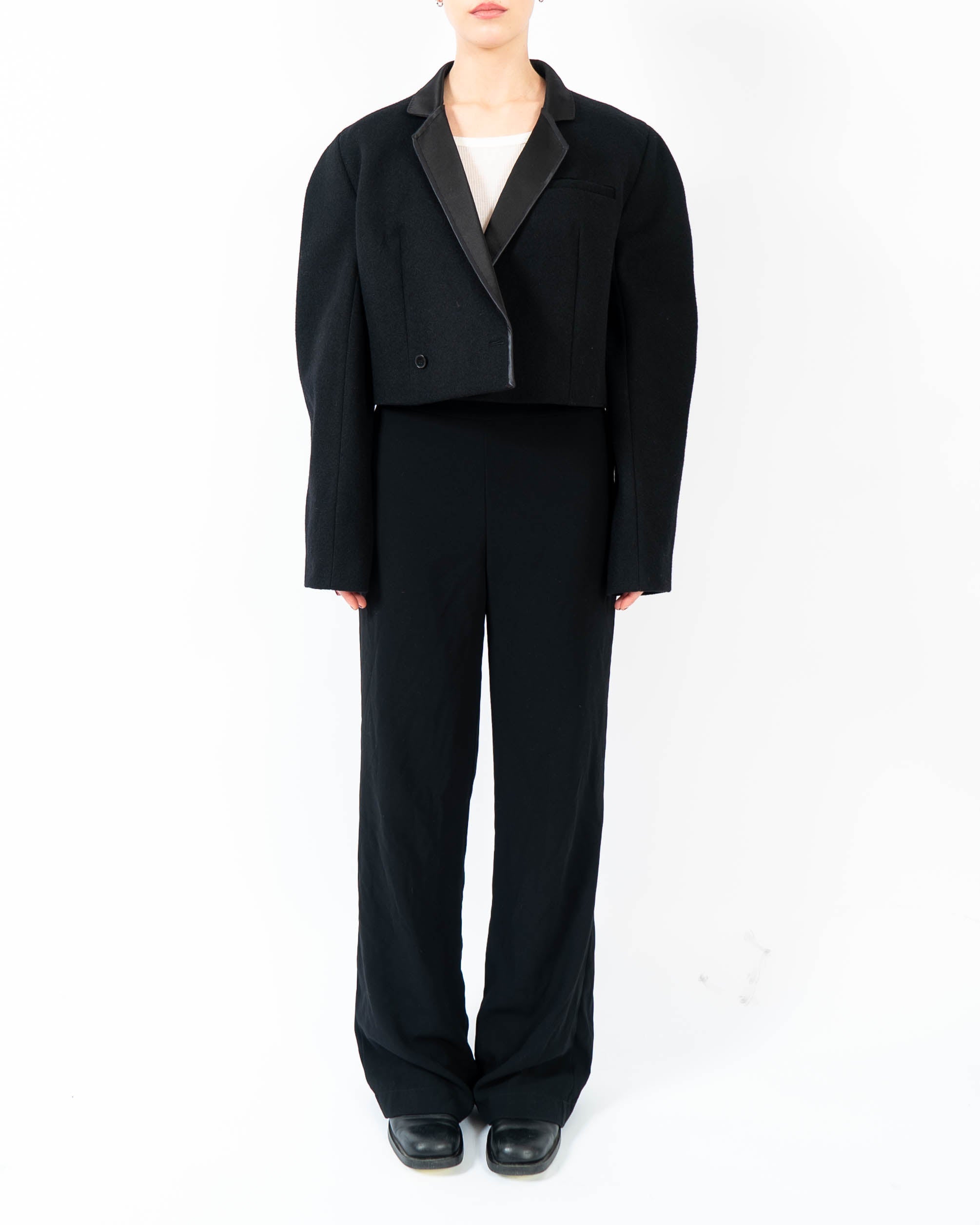 FW19 Cropped Overcoat in Black Wool with Silk Satin Collar