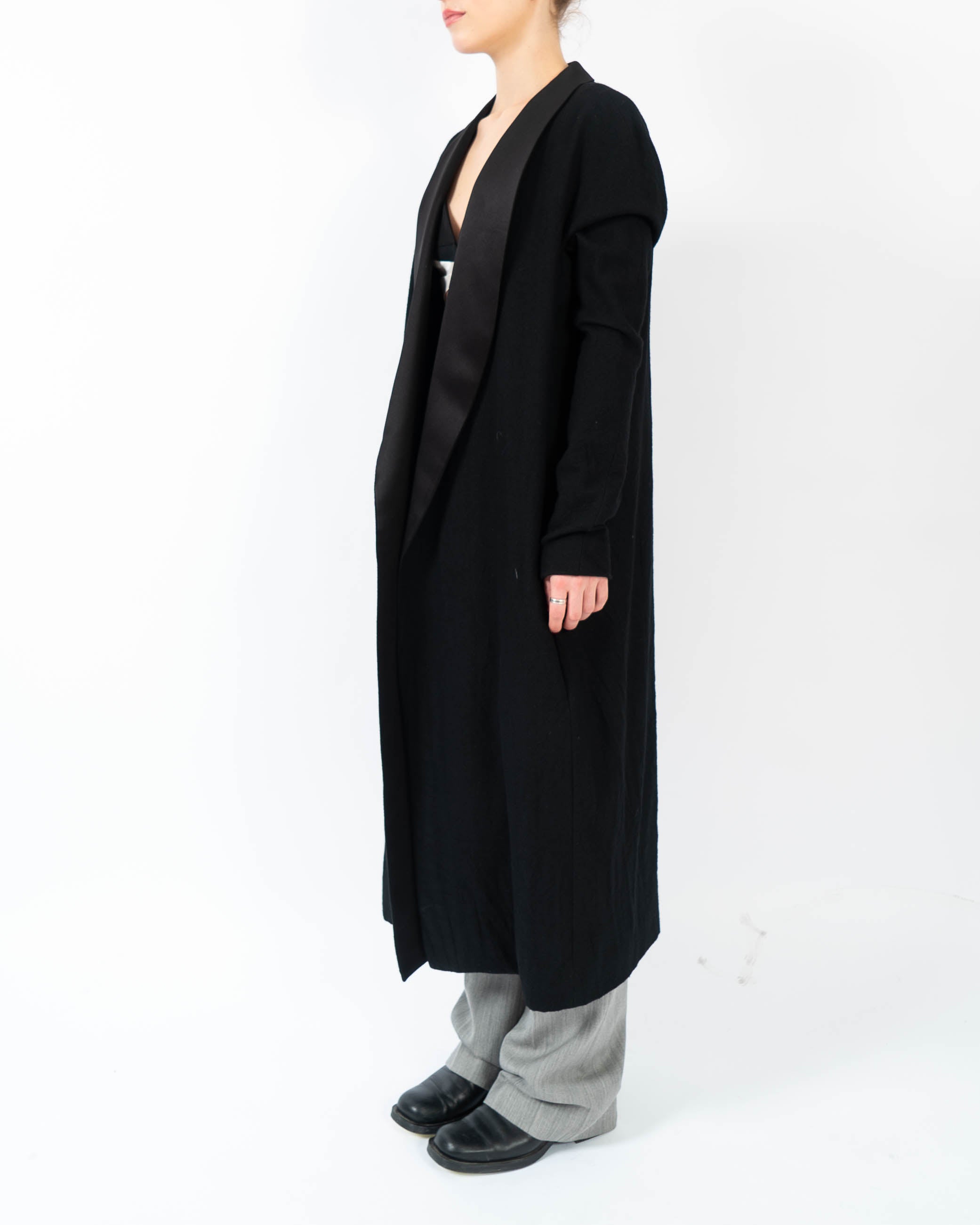 FW11 Black Unstructured Longcoat in Black Wool with Satin Shawl Collar