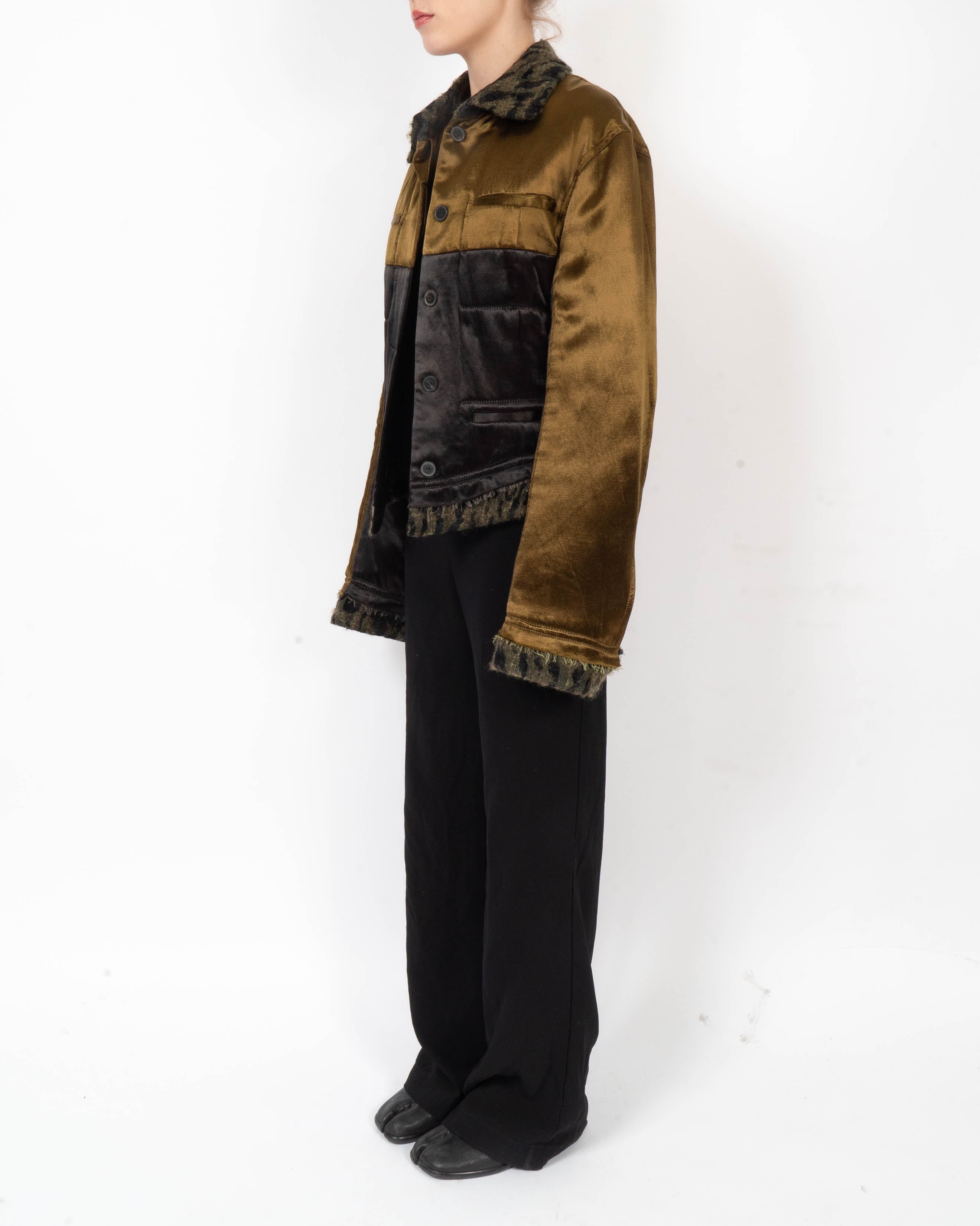 FW18 Distressed Workwear Jacket in Black & Khaki Silk Satin