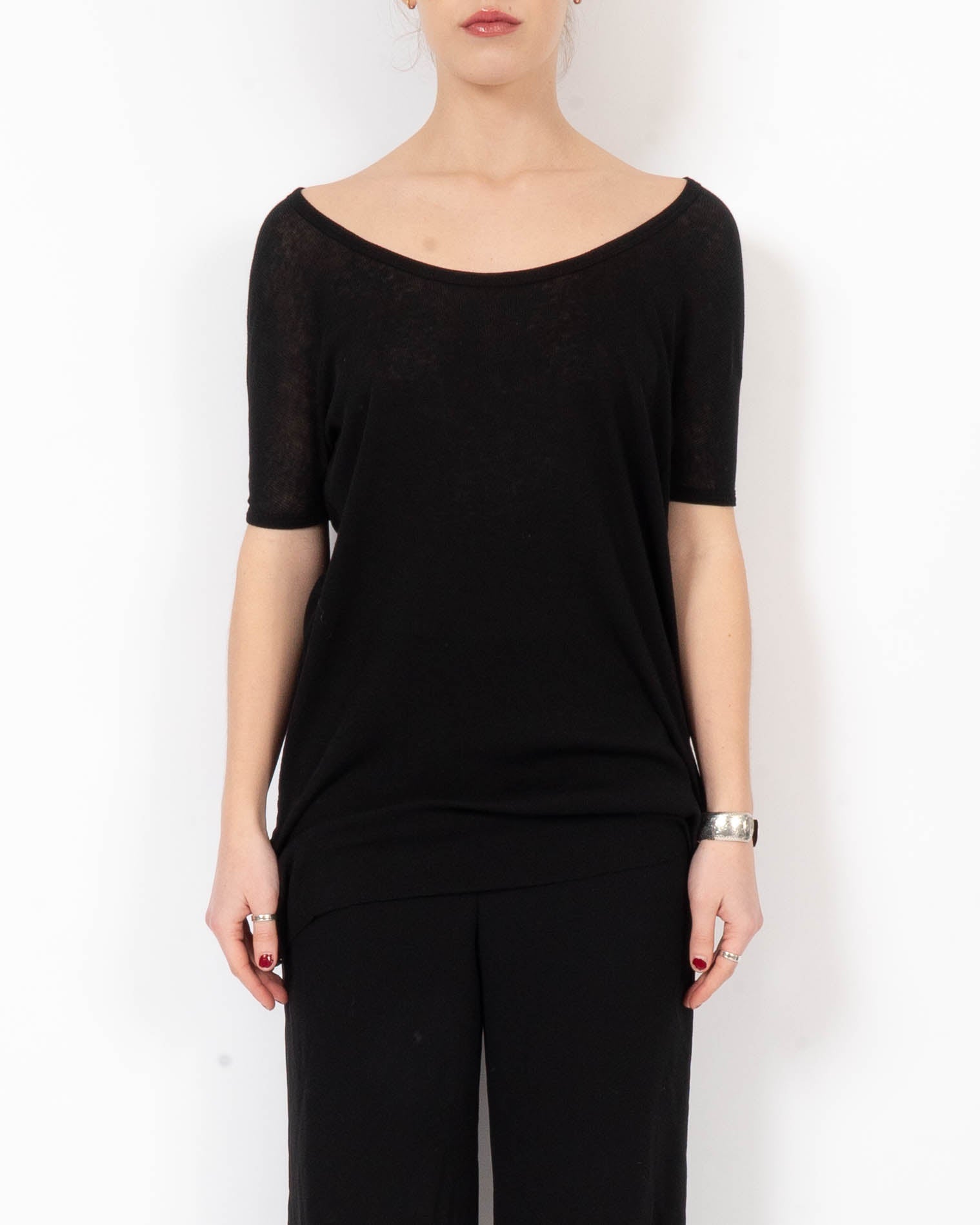 FW13 Wide Neck Ribbed T-Shirt in Black Cotton