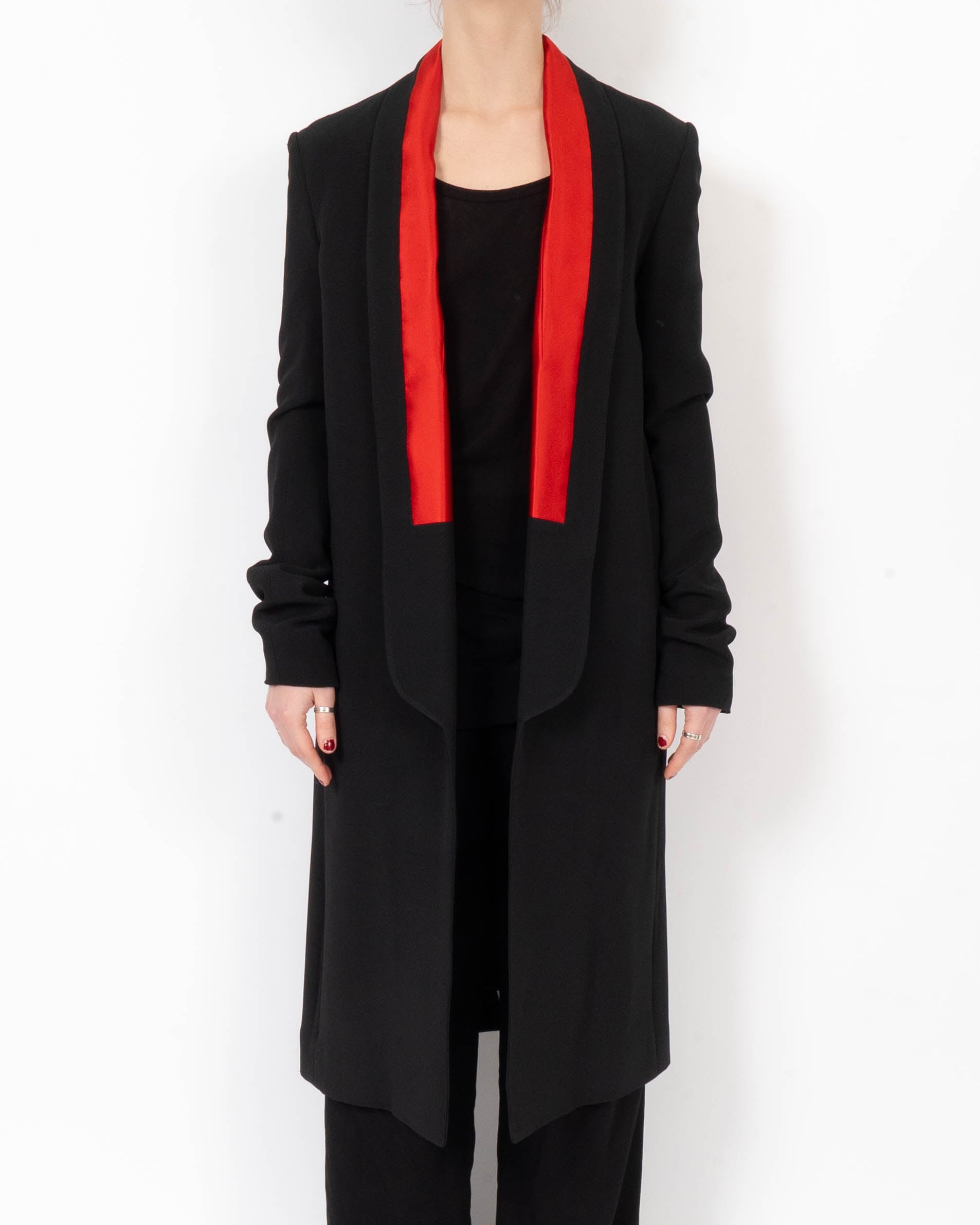 SS17 Overcoat in Black Wool with Red Contrast Collar