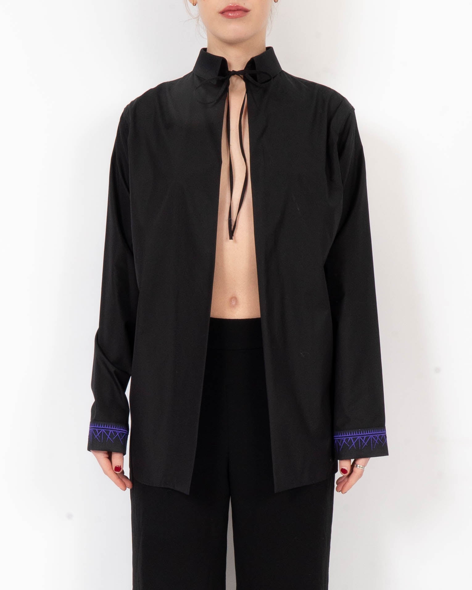 SS19 Open Shirt in Black Cotton with Purple Cuff Embroidery
