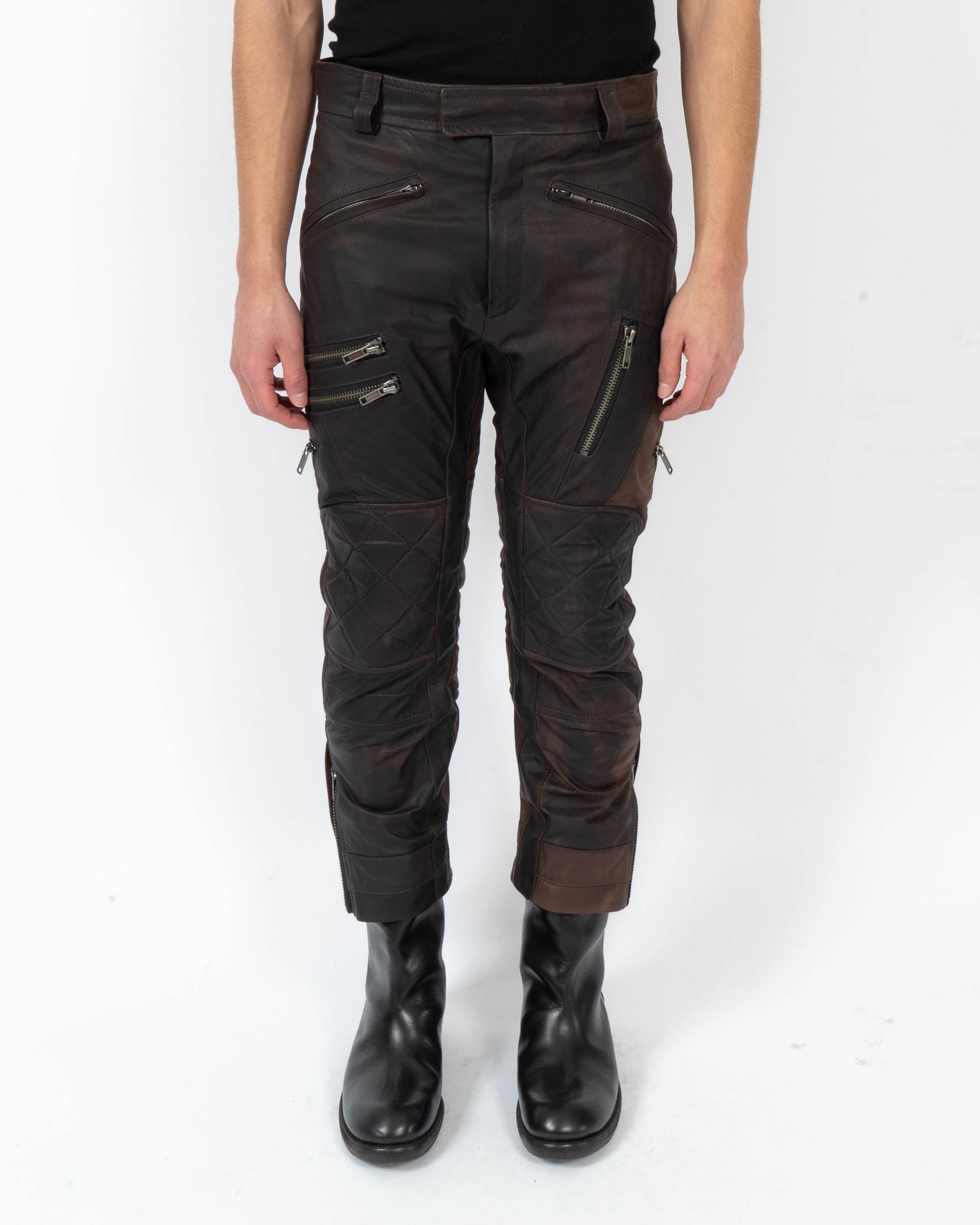 FW18 Brown Zipped Leather Biker Trousers