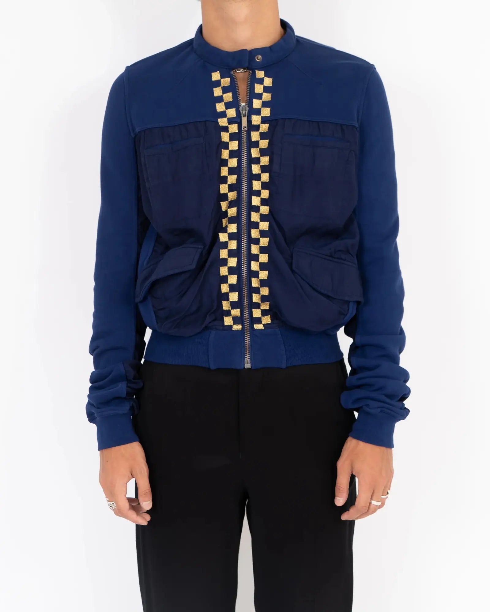 FW19 Embroidered Bomber Jacket in Blue Beige Perth Cotton