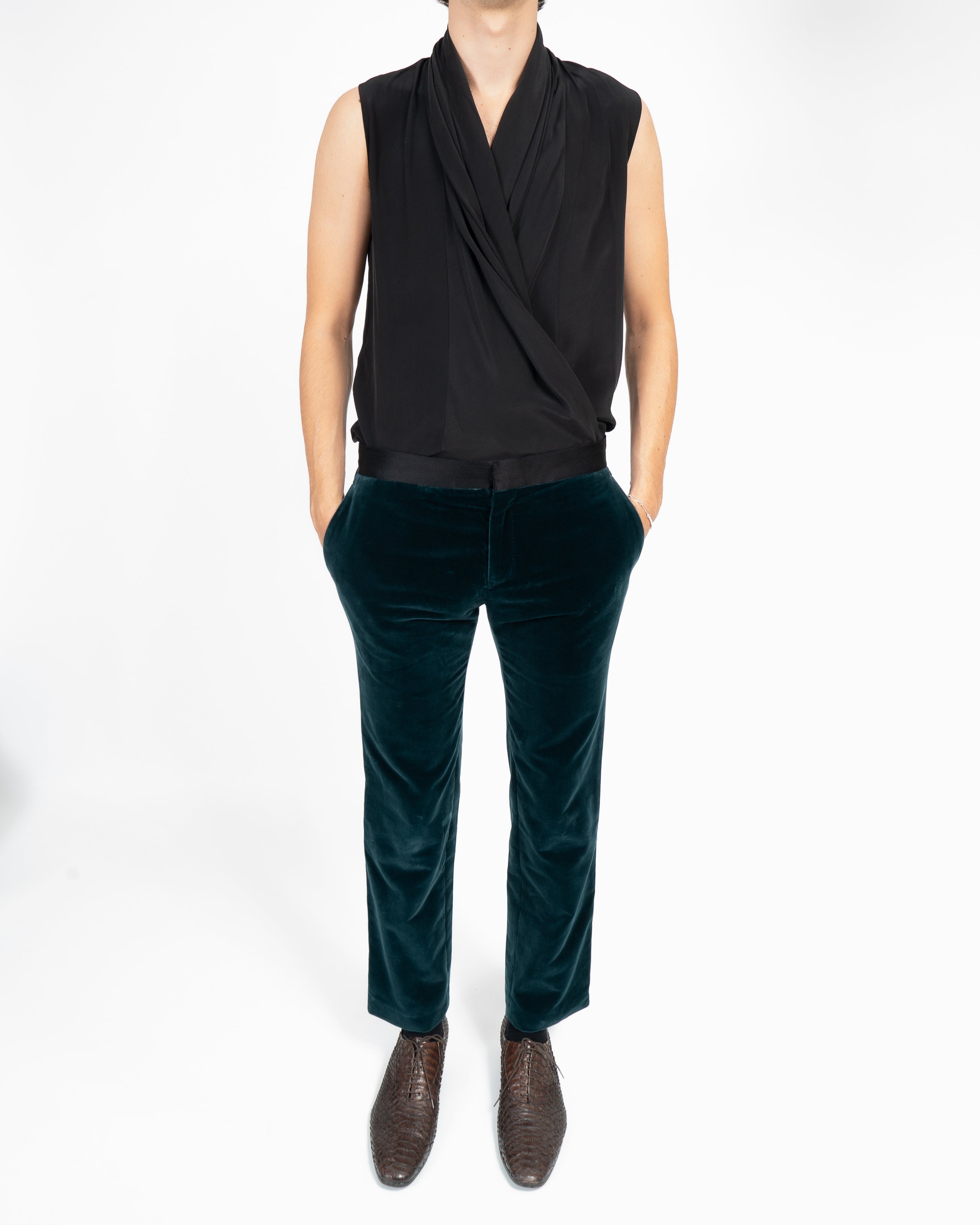 FW15 Contrast Waistband Trousers in Green Velvet