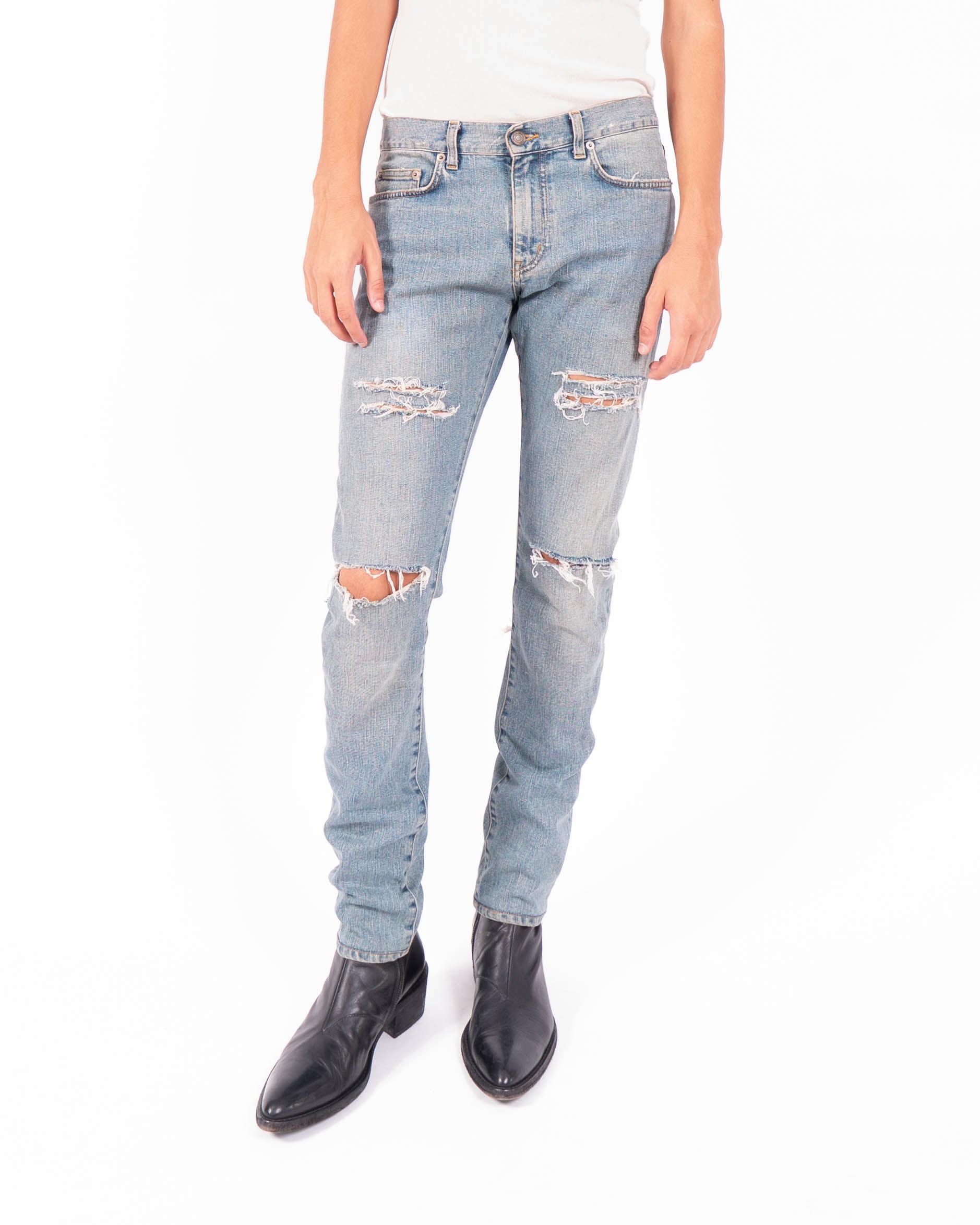 SS14 Skinny Back Rip Jeans in Washed Denim