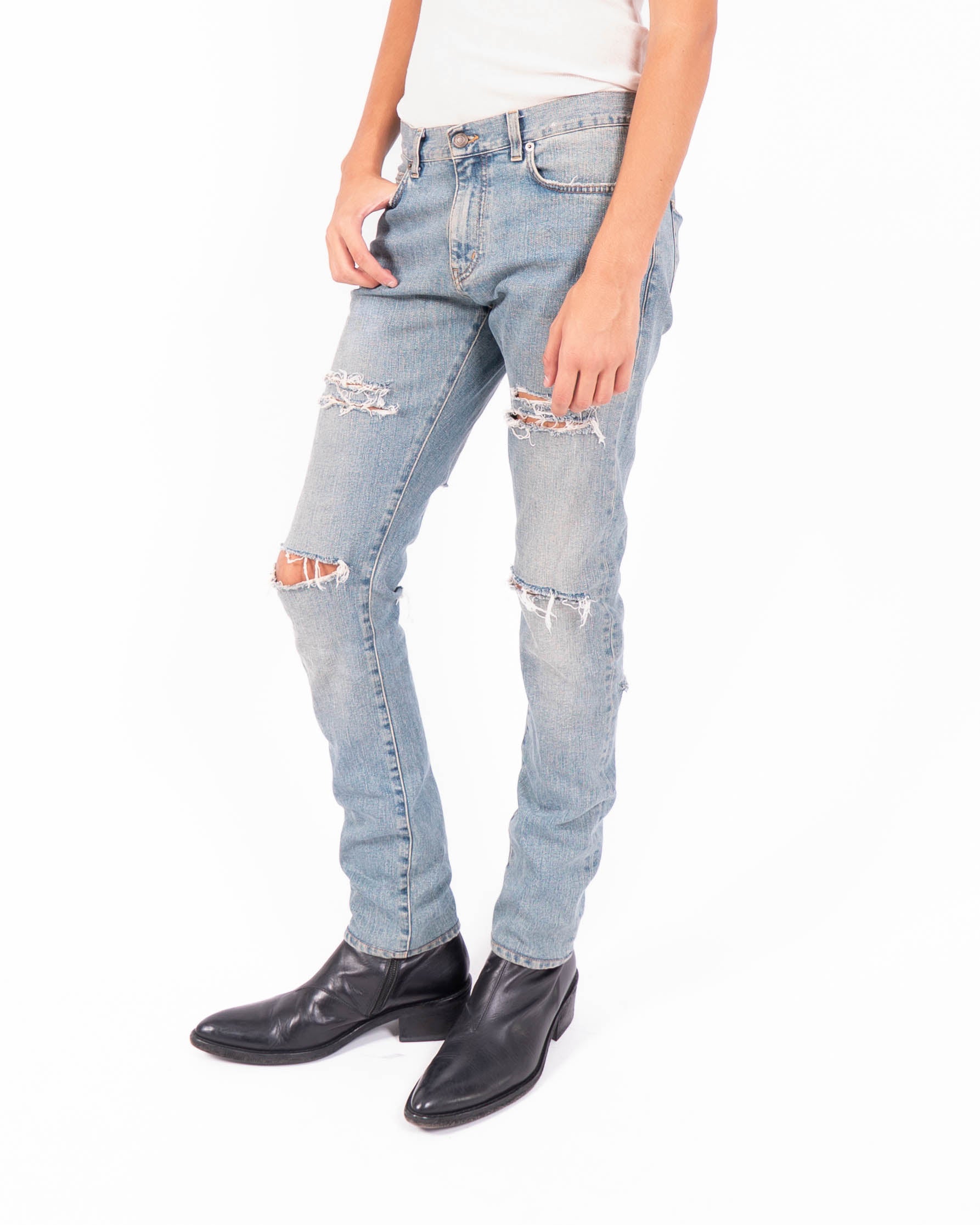 SS14 Skinny Back Rip Jeans in Washed Denim