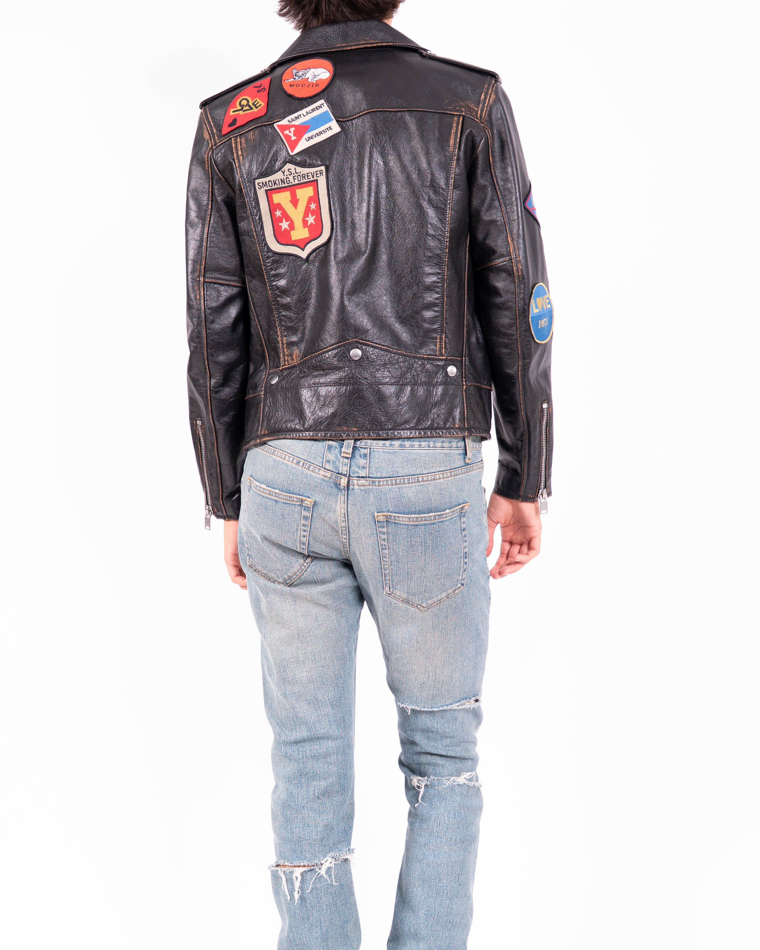 FW17 L01 Patched Biker Jacket in Black Distressed Leather