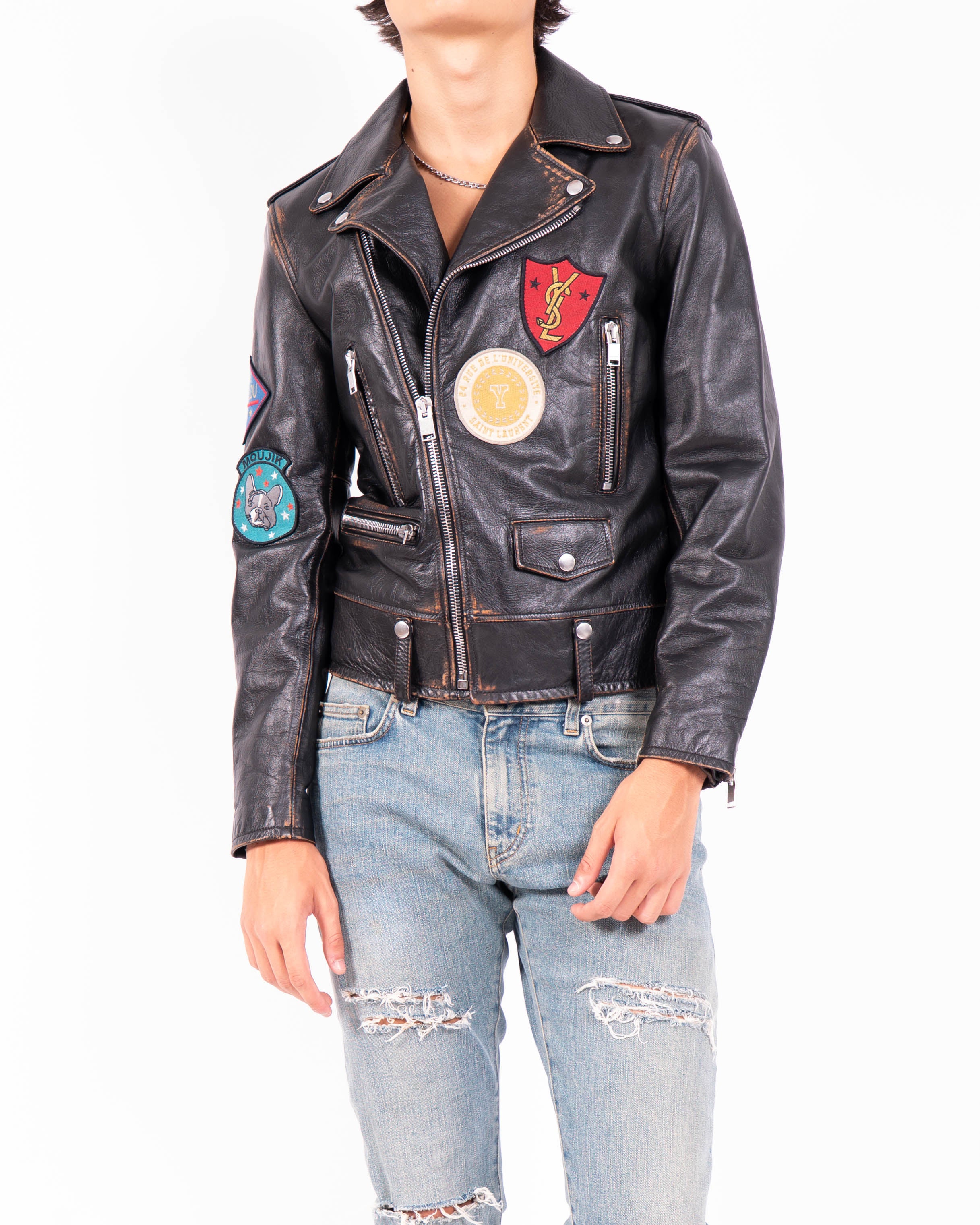 FW17 L01 Patched Biker Jacket in Black Distressed Leather