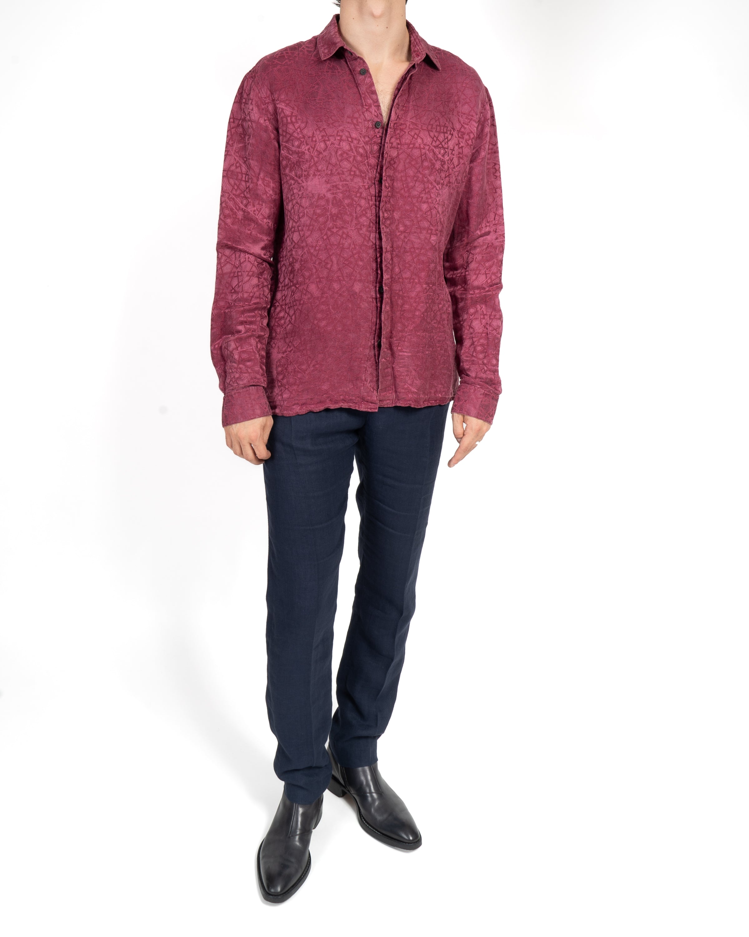 FW15 Boxy Shirt in Burgundy Washed Silk Jacquard