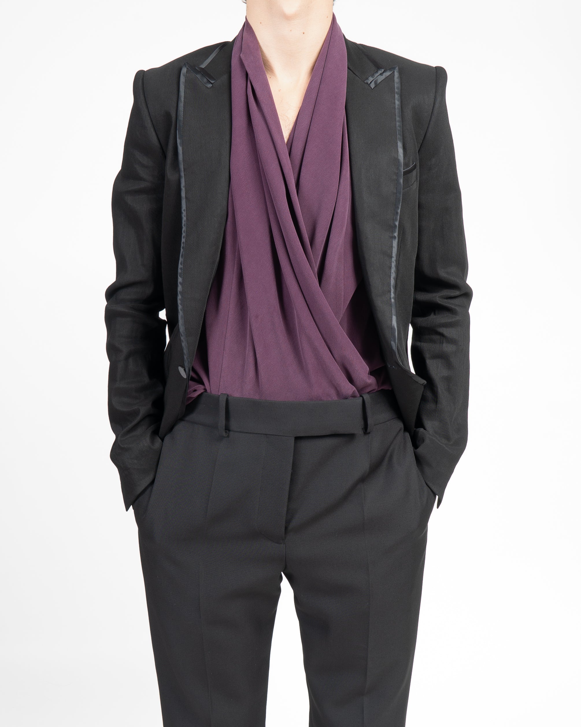 SS14 Pointed Collar Blazer with Silk Lining in Black Wool