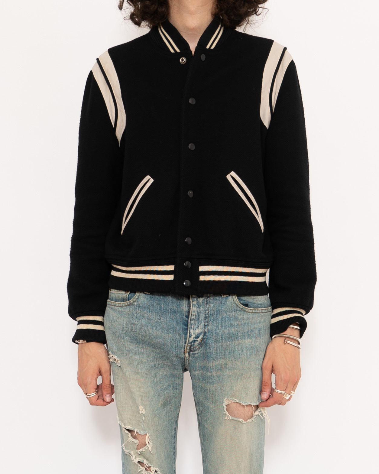 Saint laurent black velvet 2024 military teddy bomber jacket