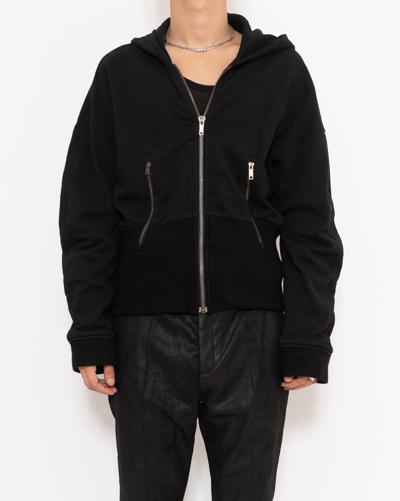 FW19 Black Mixed Fabric Zip Hoodie