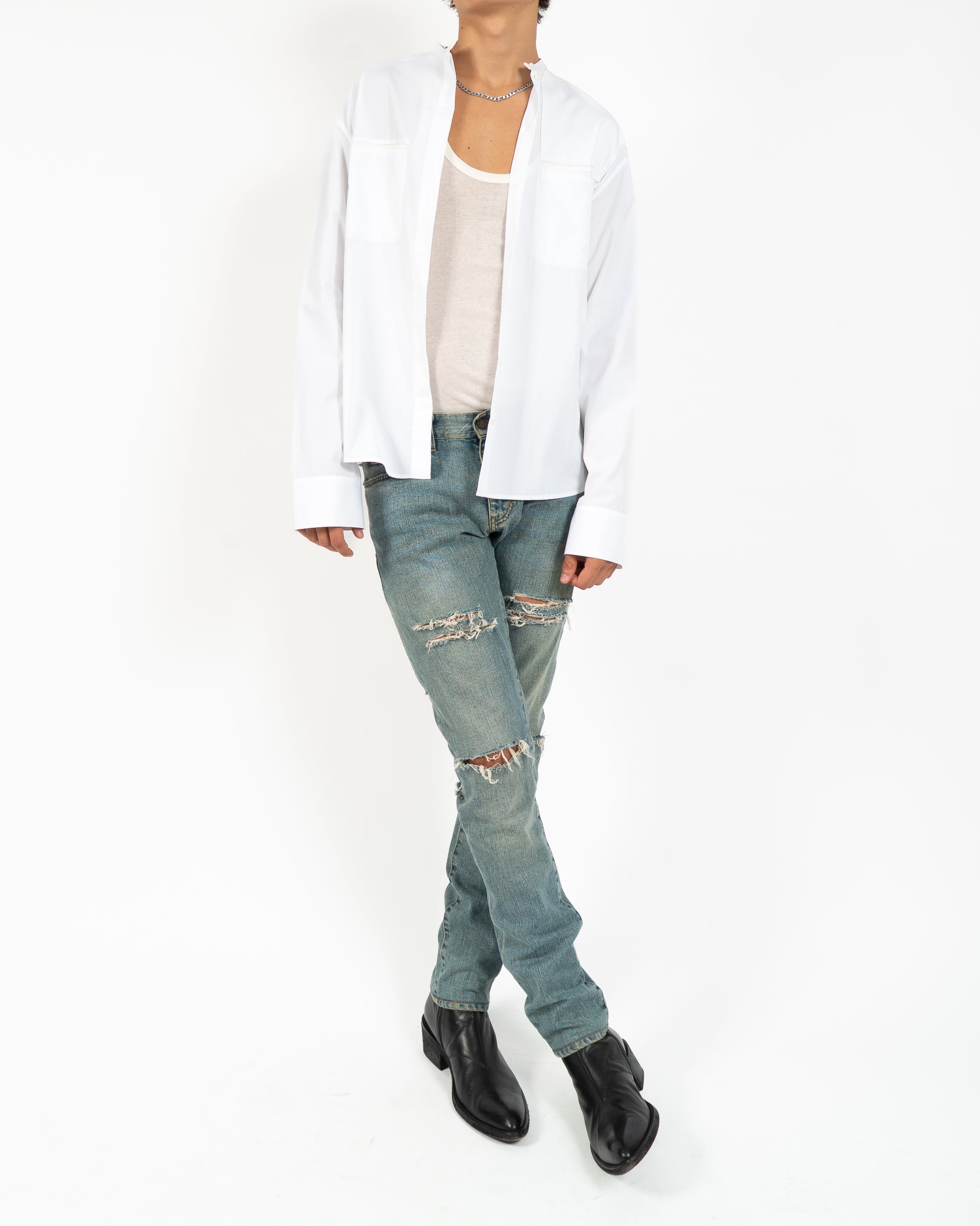 FW18 Mandarin Military Shirt in White Cotton