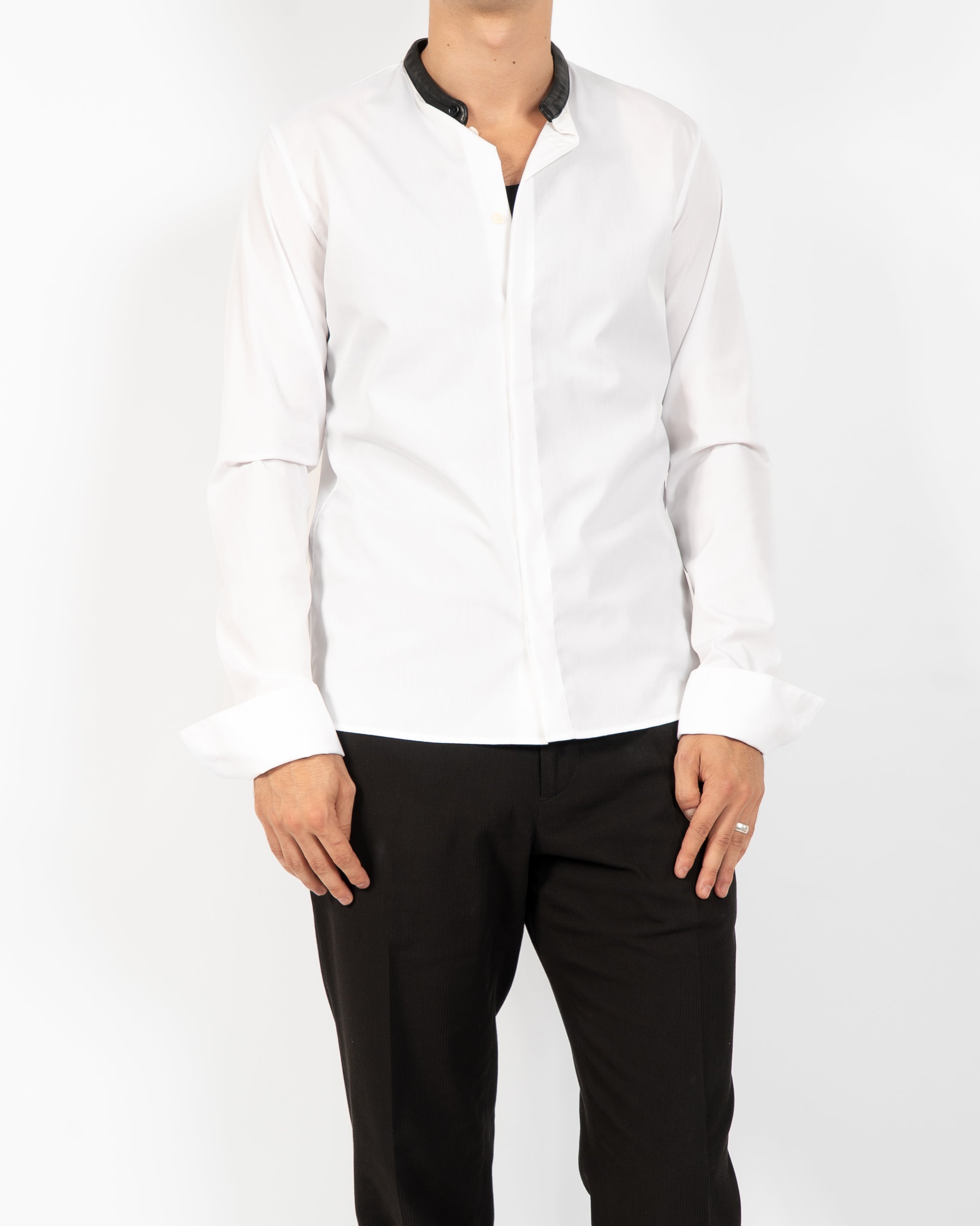 FW20 Leather Collar Mao Shirt in White Cotton
