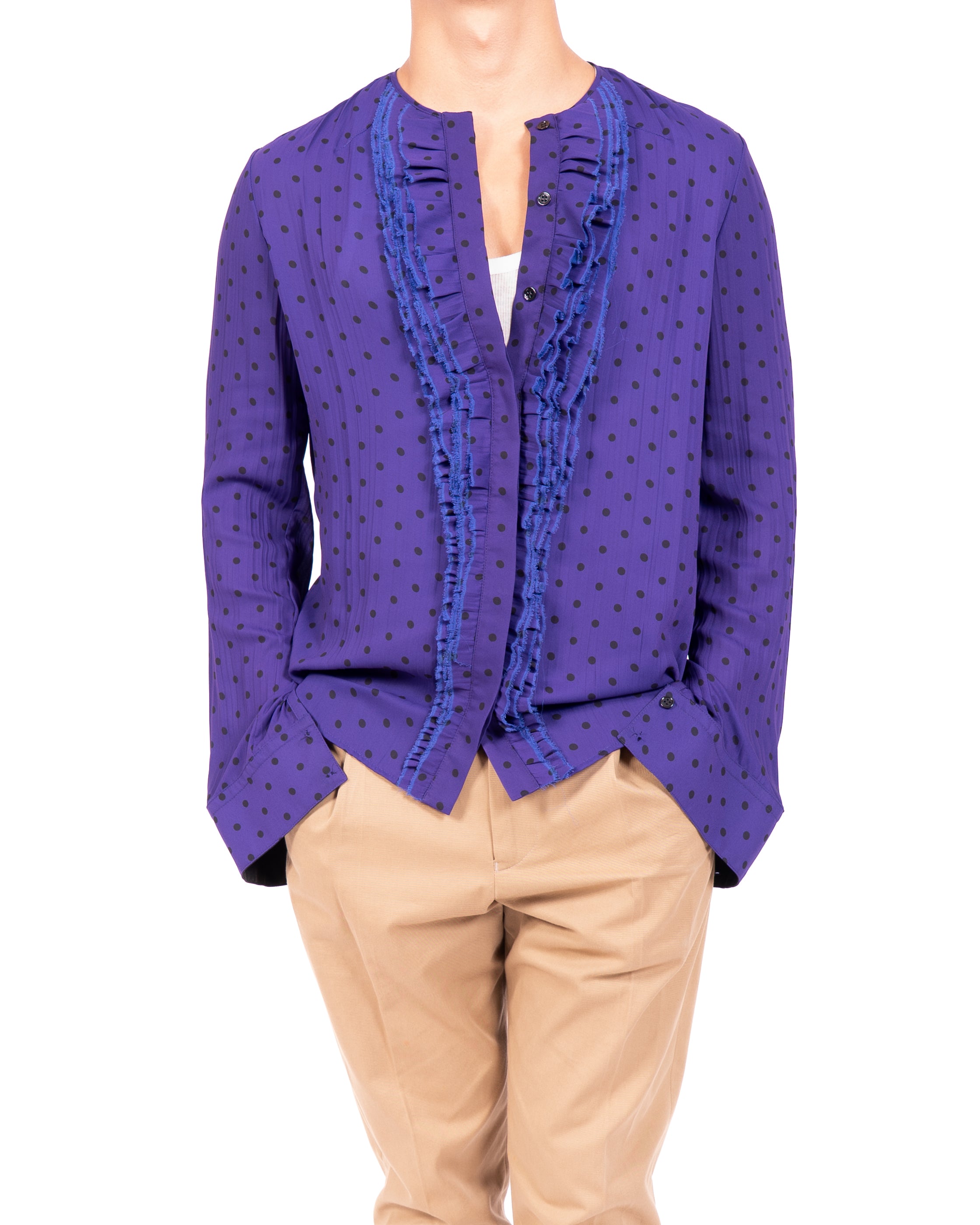 SS18 Ruffle Shirt in Purple Dottet Silk