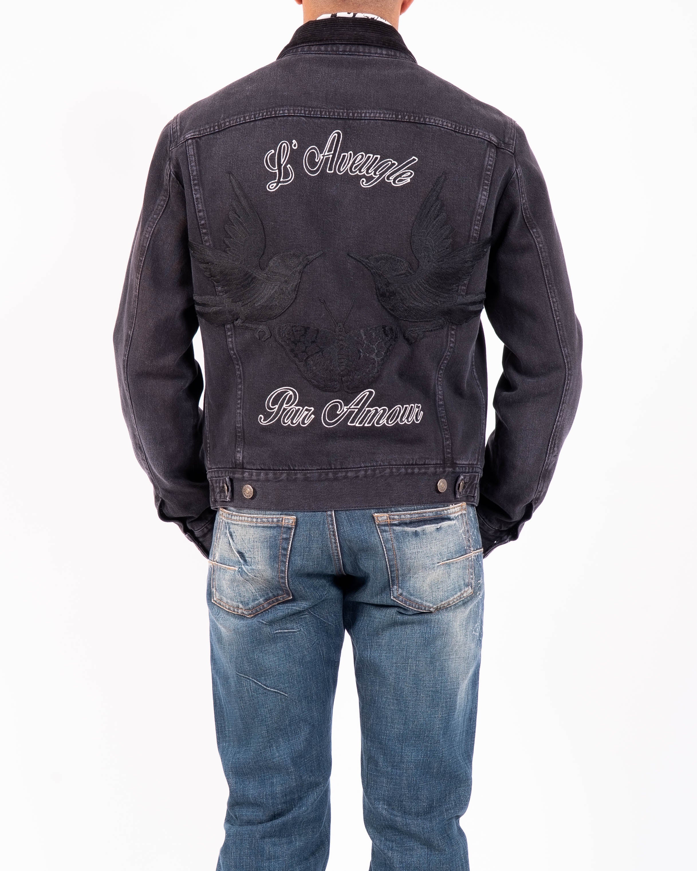 SS16 ,,L’aveugle par amour'' Embroidered Trucker Jacket in Washed Black Denim
