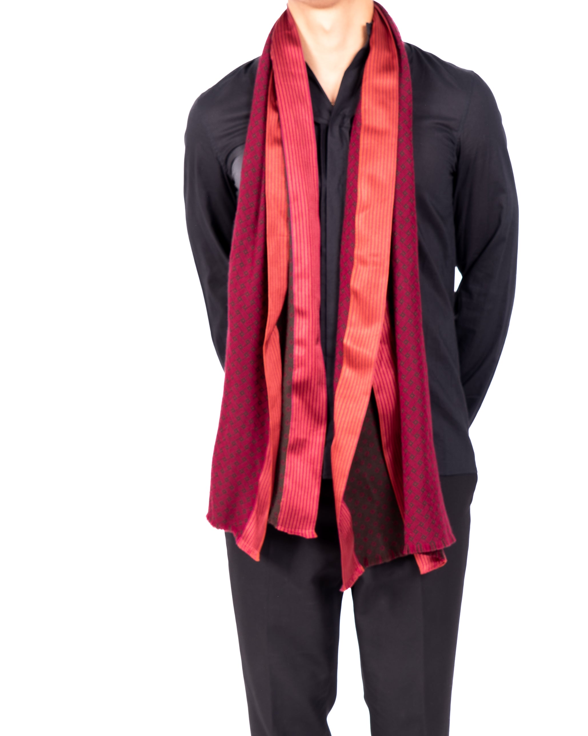 FW14 Red Embroidereed Scarf in Wool  Silk
