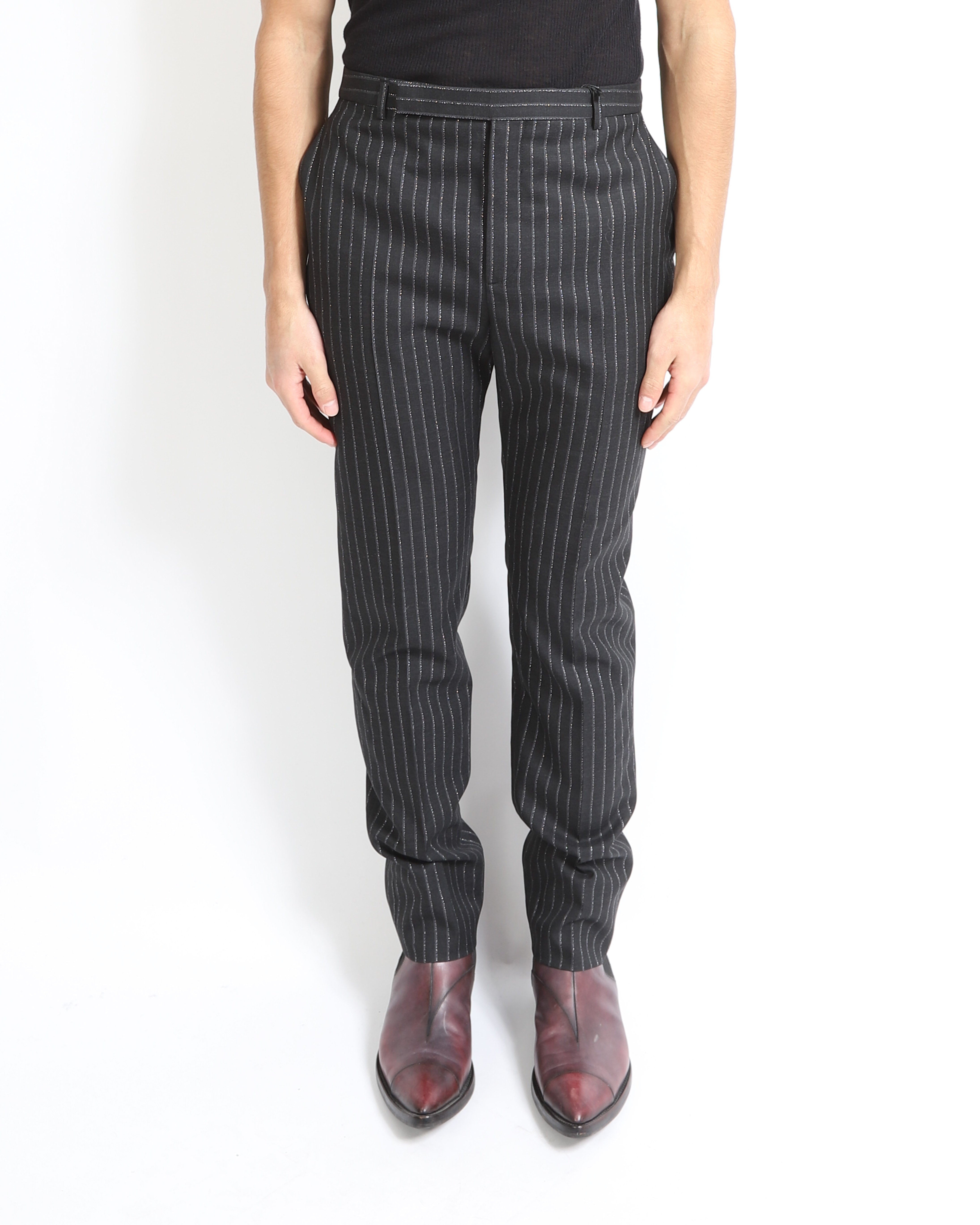 FW19 Slim Fit Glitter Trousers in Pinstriped Wool