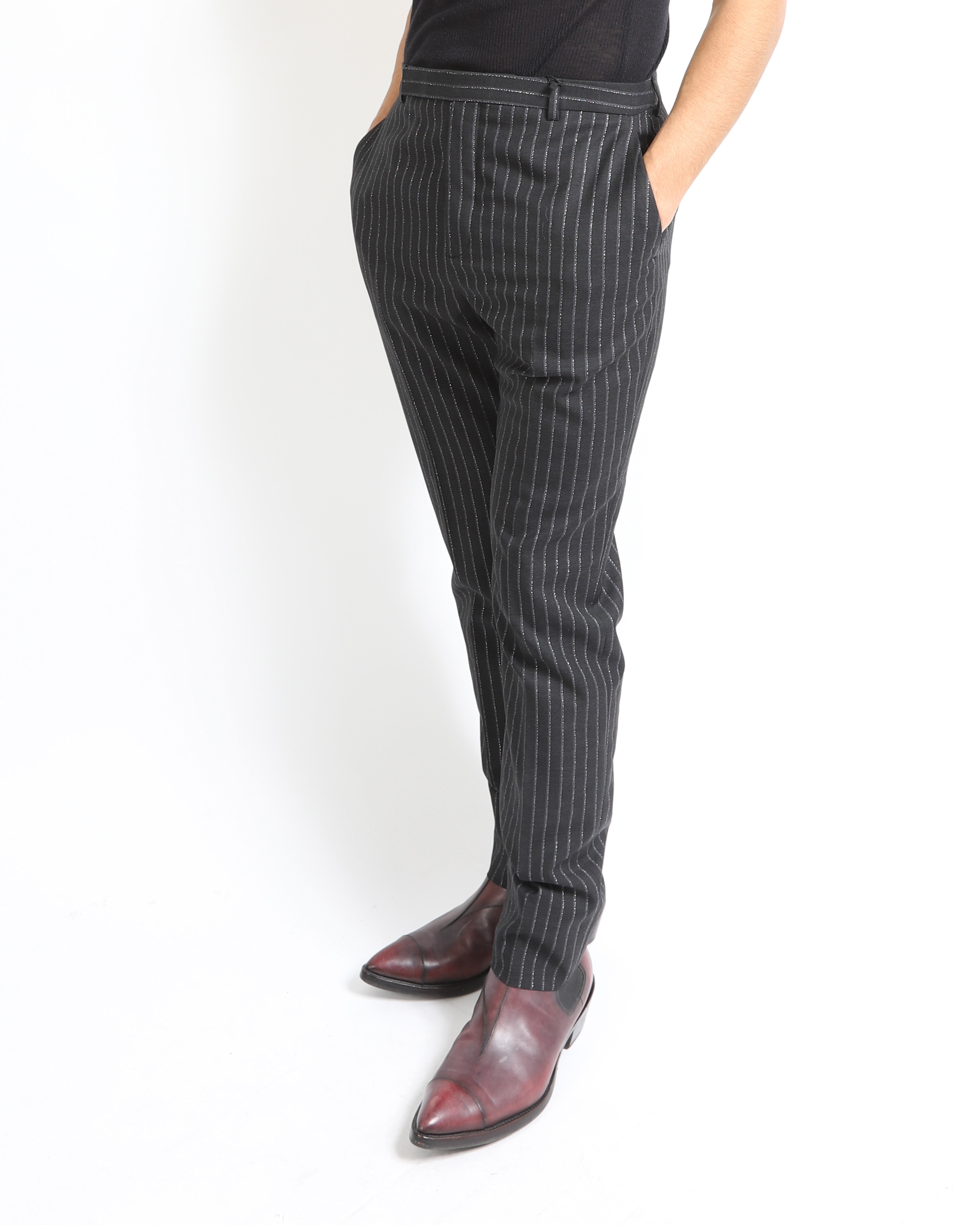 FW19 Slim Fit Glitter Trousers in Pinstriped Wool