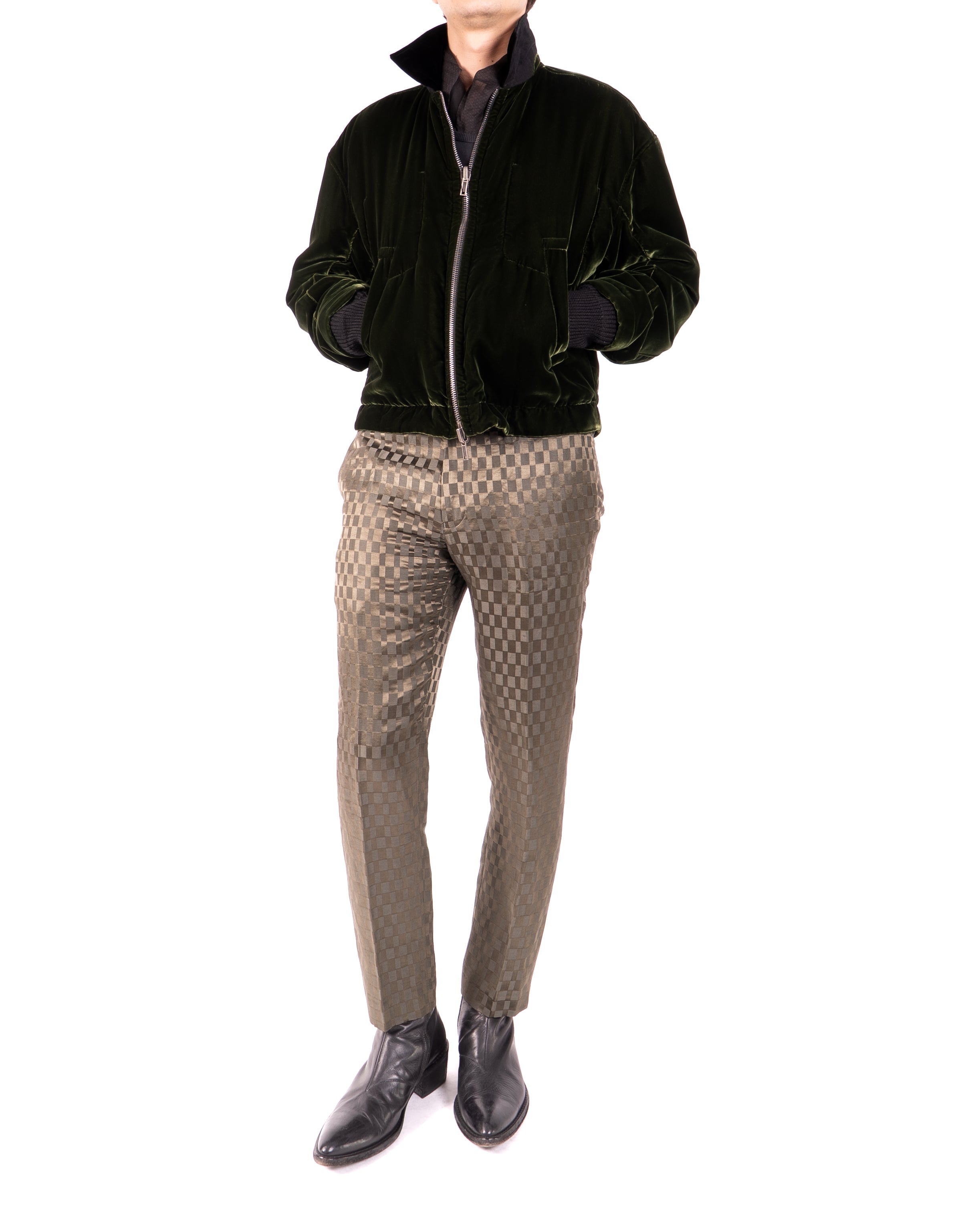 SS21 Contrasting Wasitband Trousers in Green Checked Silk Jacquard