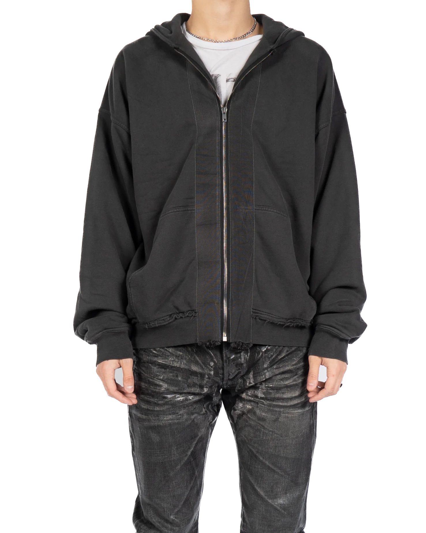 Dark Grey Distressed Double Layer Zip-Hoodie