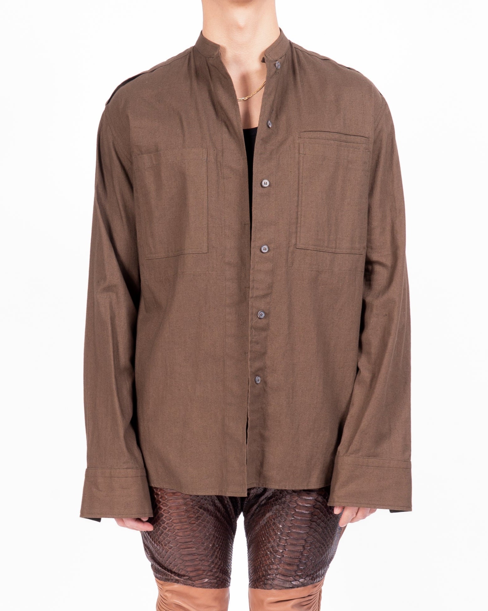 FW17 Military Mandarin Shirt in Brown Cotton