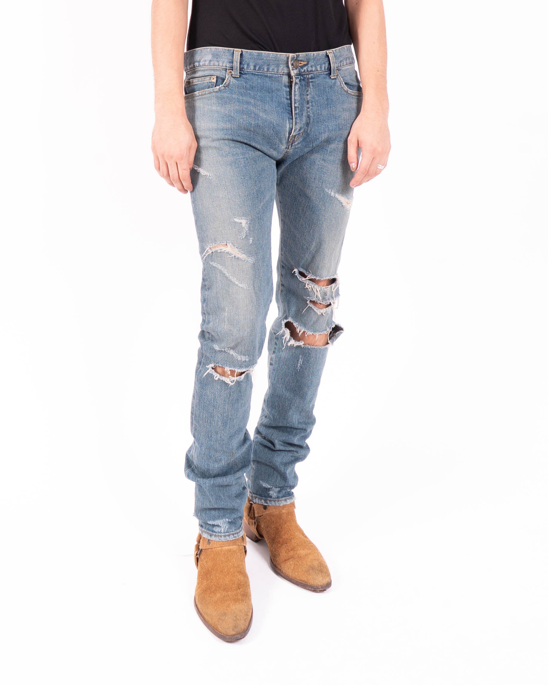 SS16 Skinny Distressed Jeans in Dark Washed Denim