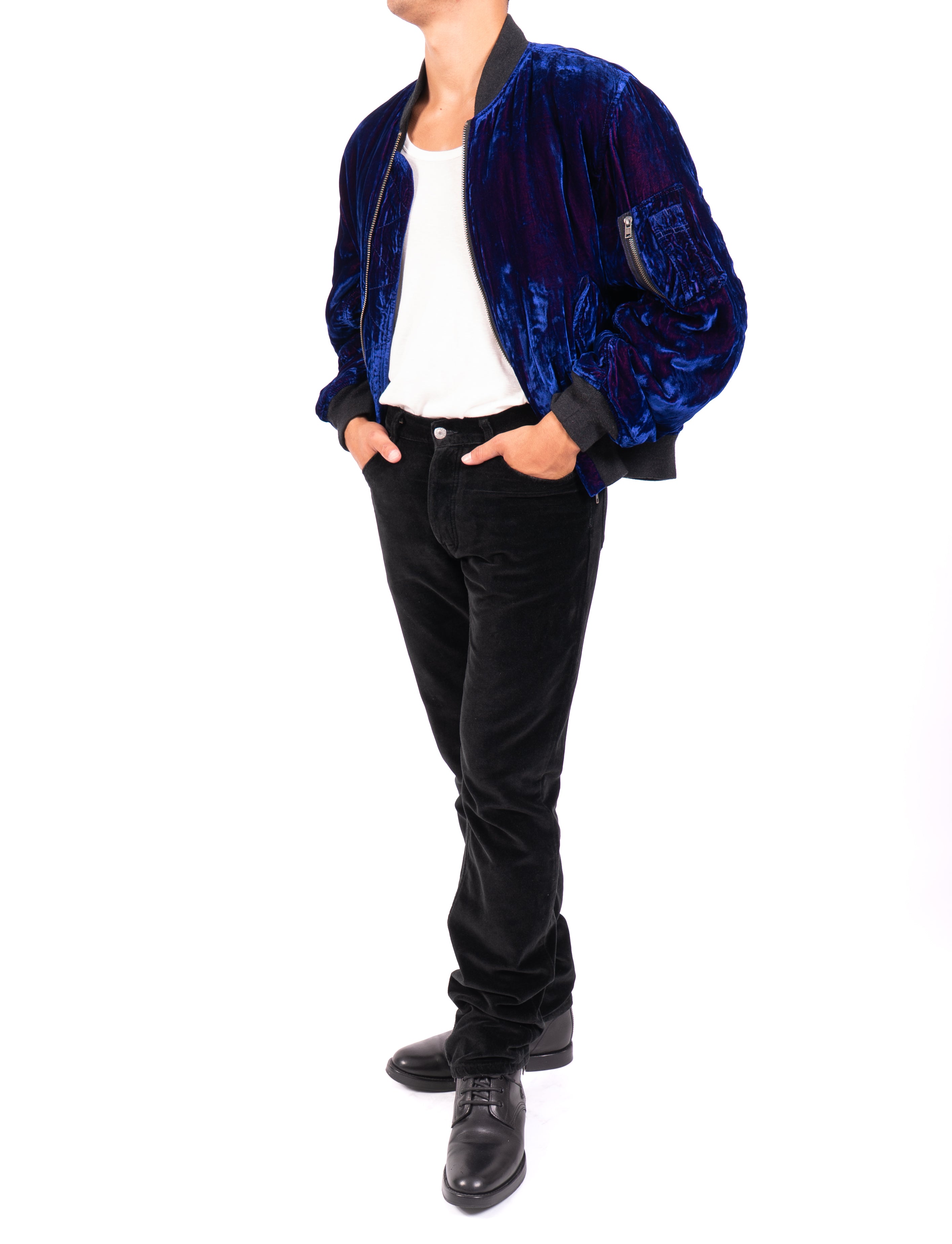 FW16 Oversized Padded Bomber in Blue Crushed Velvet