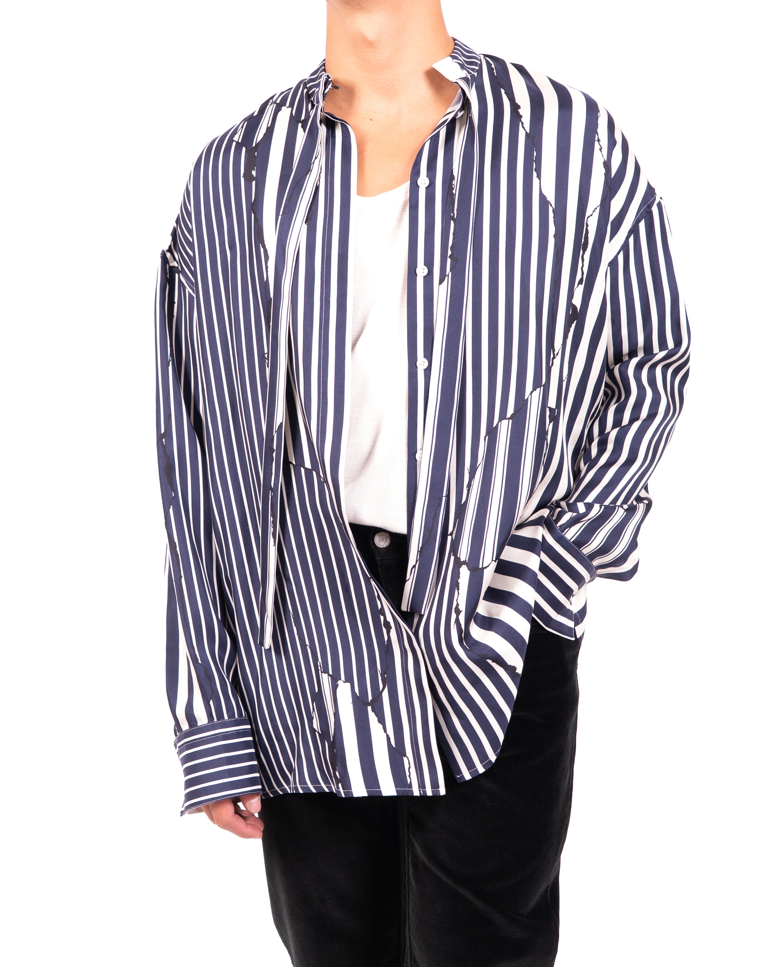 SS18 Oversized Shawl Collar Shirt in Disturbed Striped Viscose