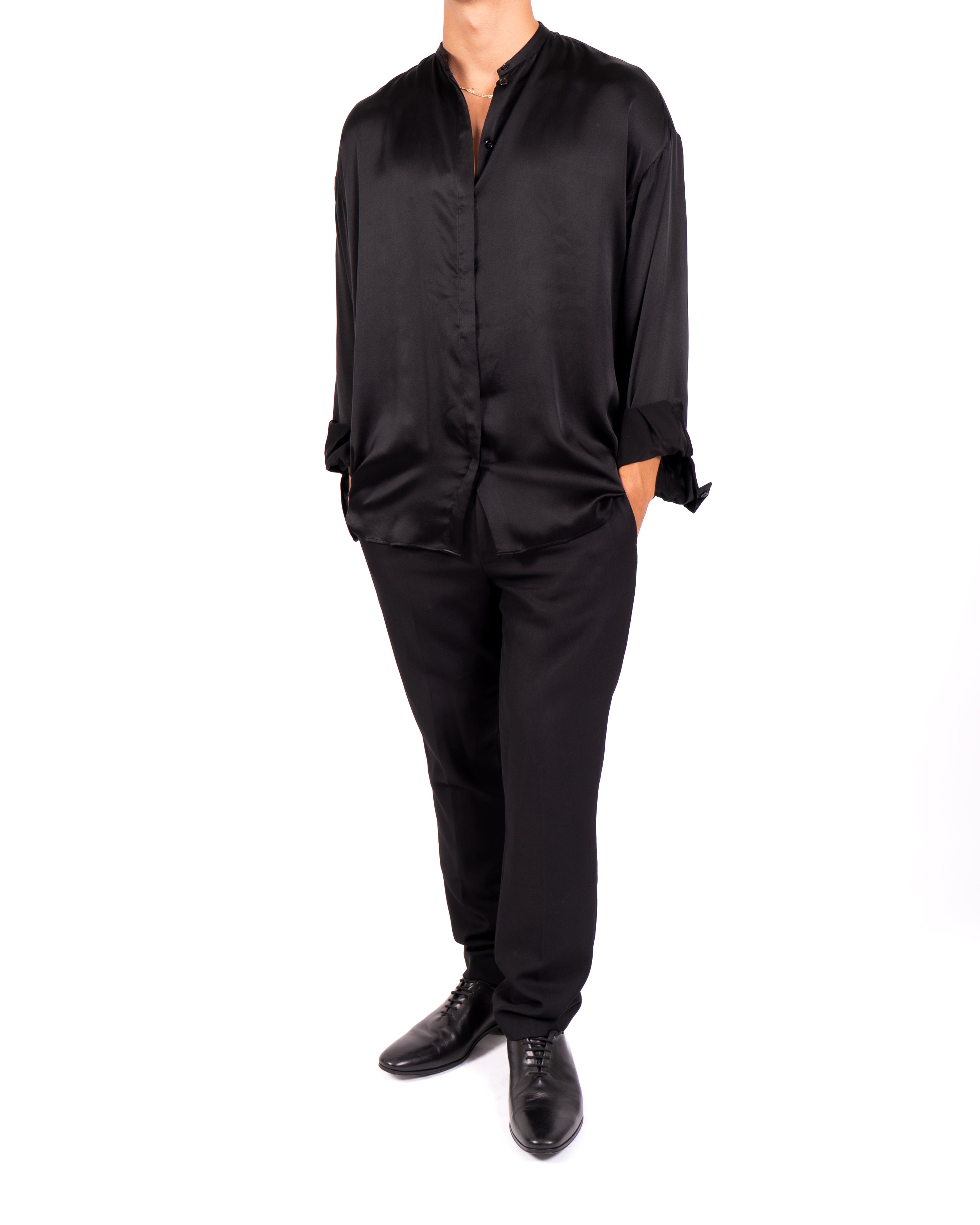 FW20 Oversized Mandarin Shirt in Black Satin Silk