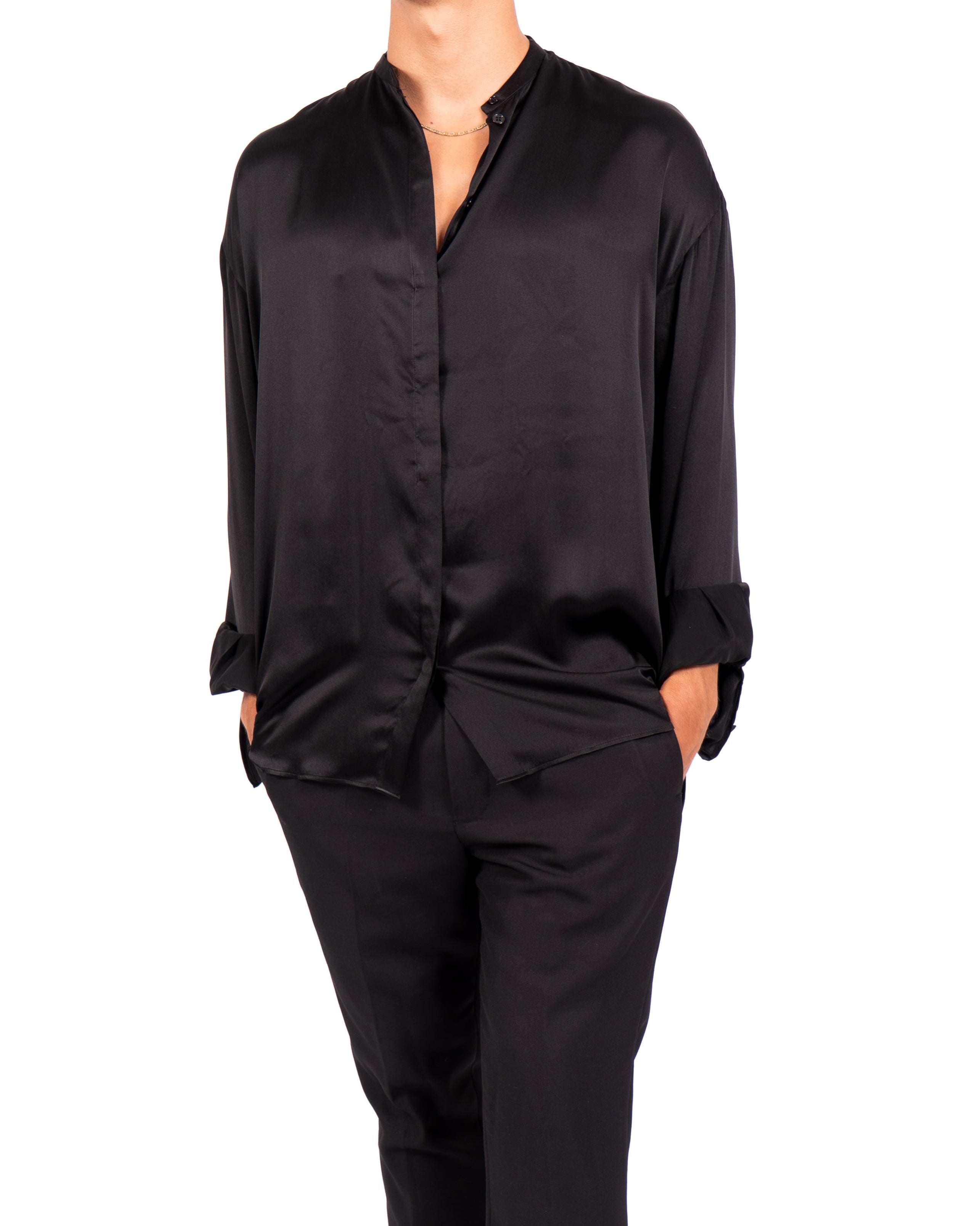 FW20 Oversized Mandarin Shirt in Black Satin Silk