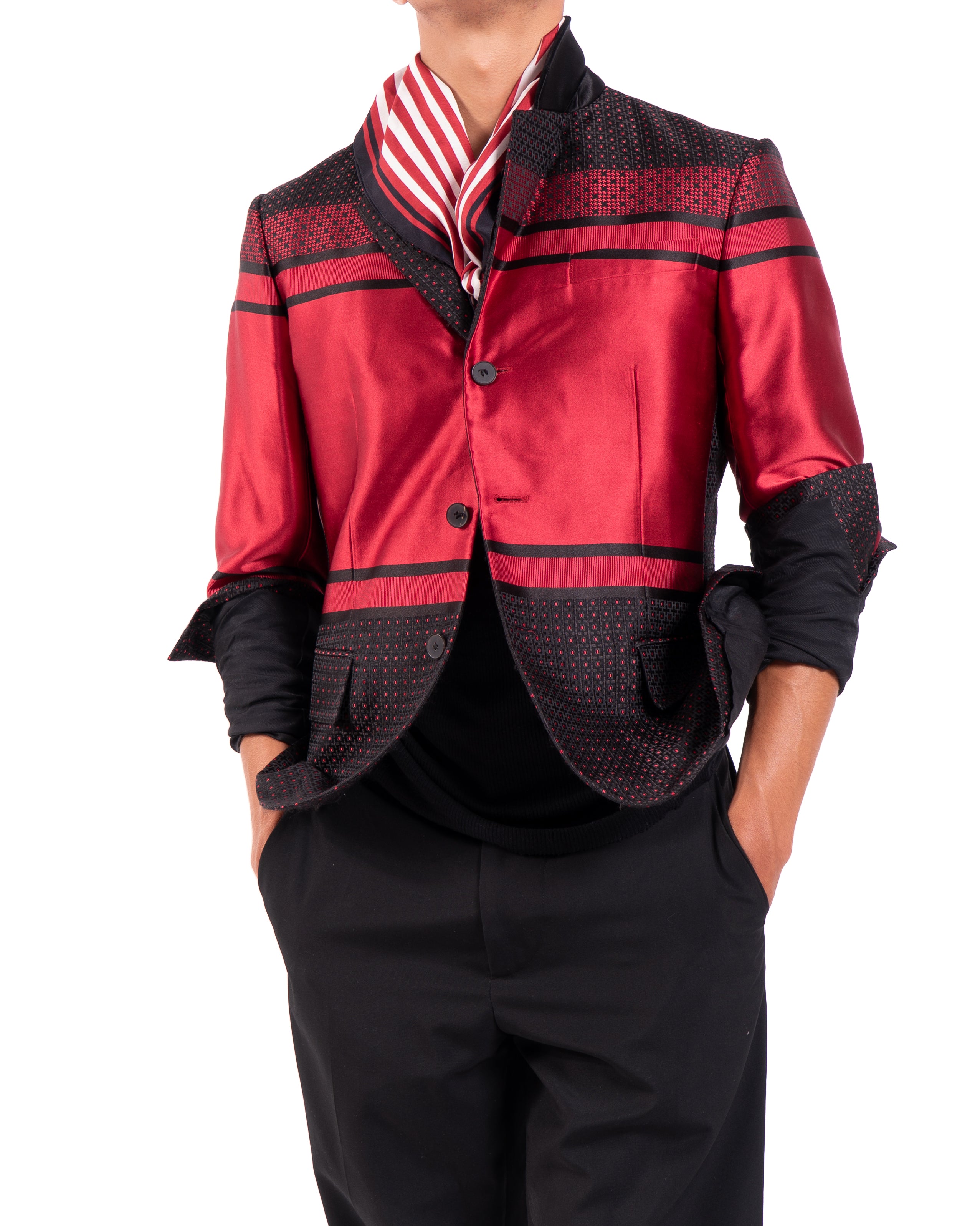 FW17 3 Button Blazer in Red & Black Silk Jacquard