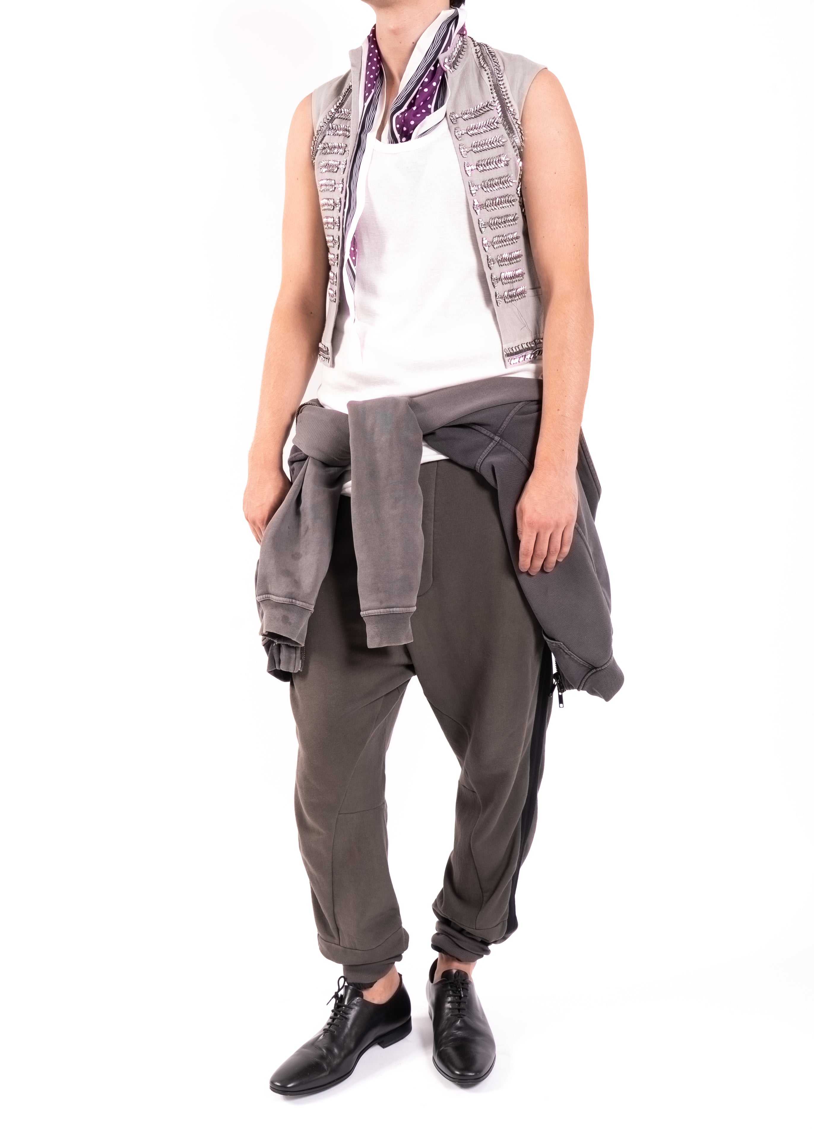 SS20 Open Waistcoat with Crystals in Grey Linen