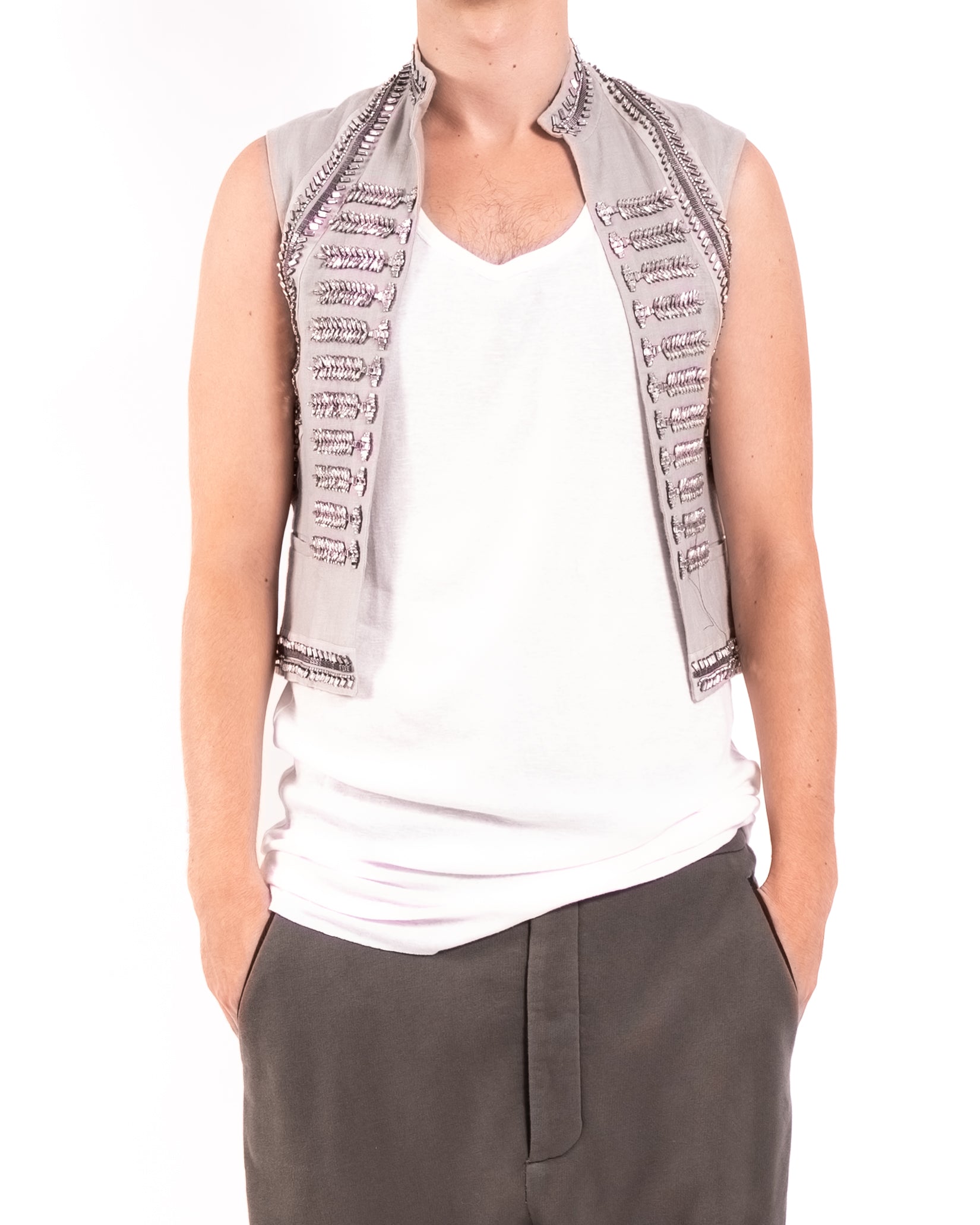 SS20 Open Waistcoat with Crystals in Grey Linen