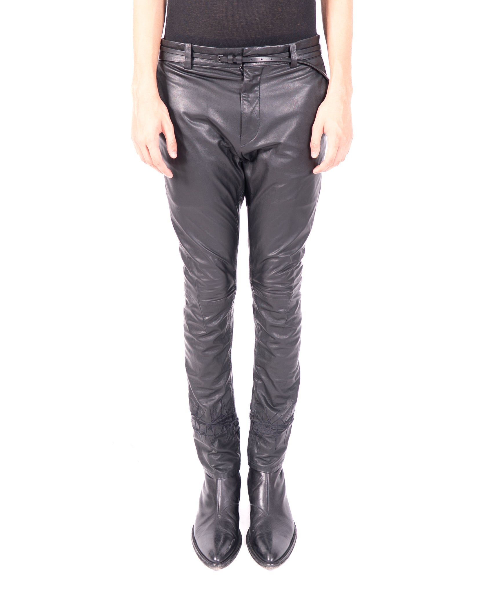 SS18 Hem Embroidered Trousers in Black Leather