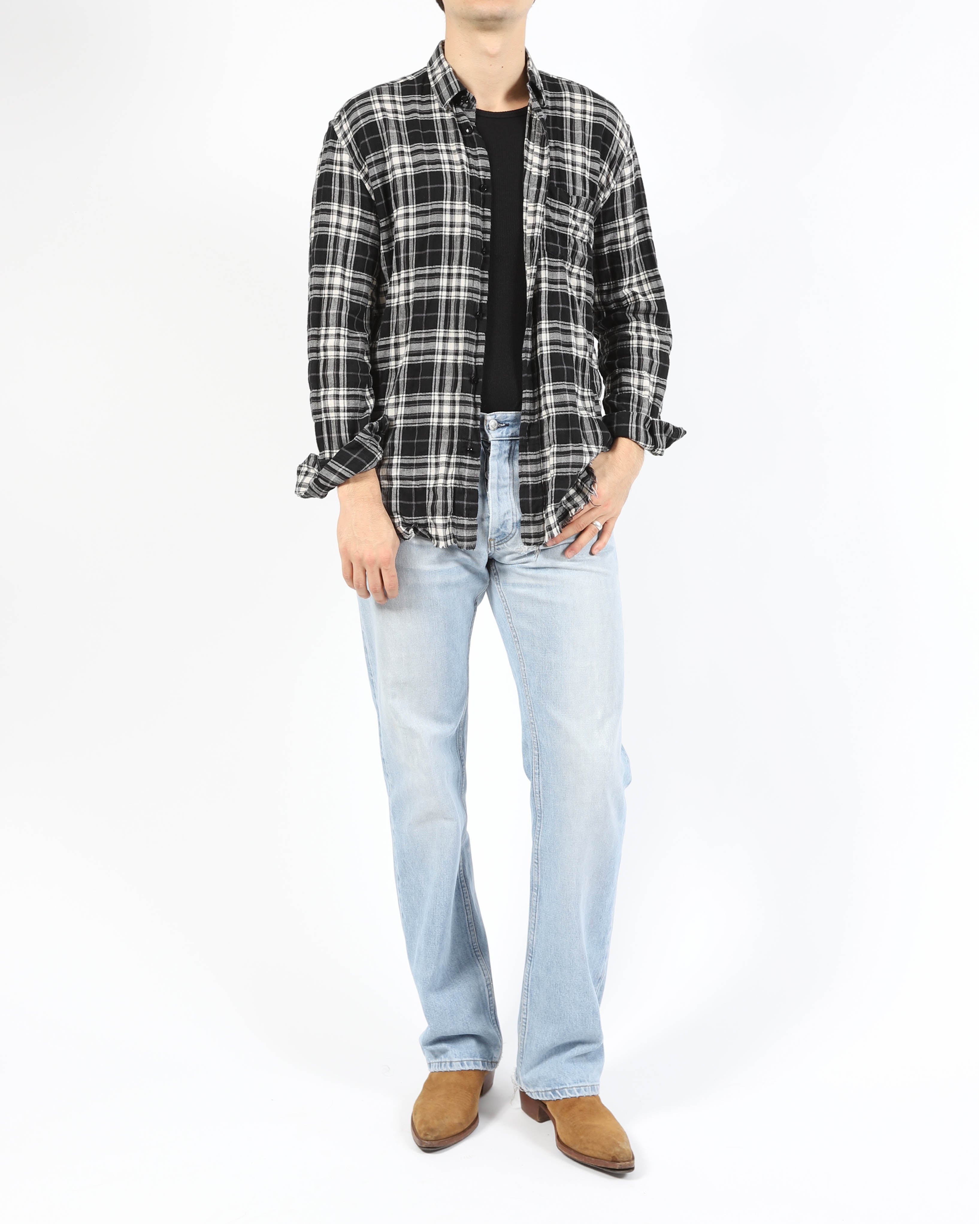 SS17 Crinkled Raw Hemd Flannel in Black & White Wool