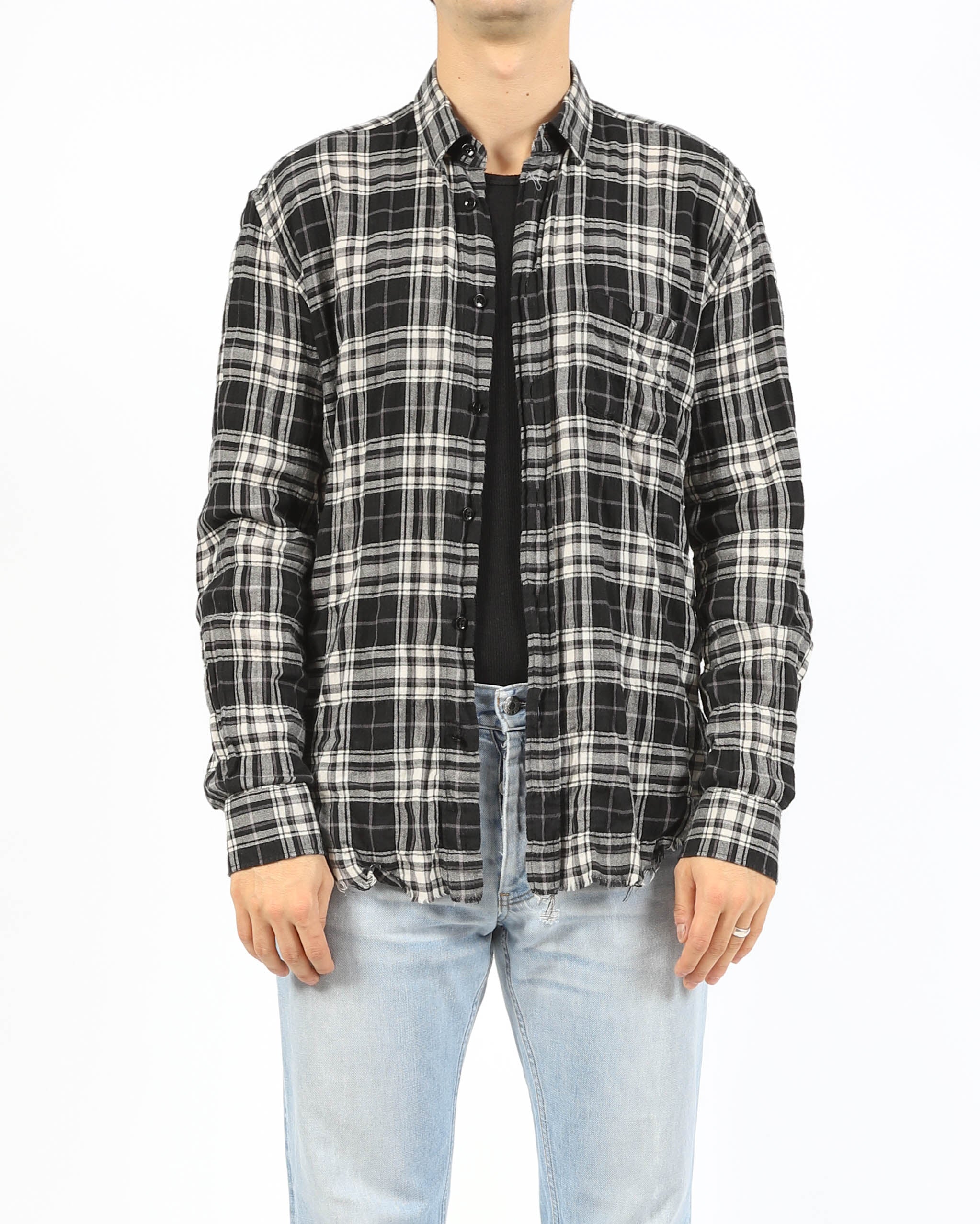 SS17 Crinkled Raw Hemd Flannel in Black & White Wool