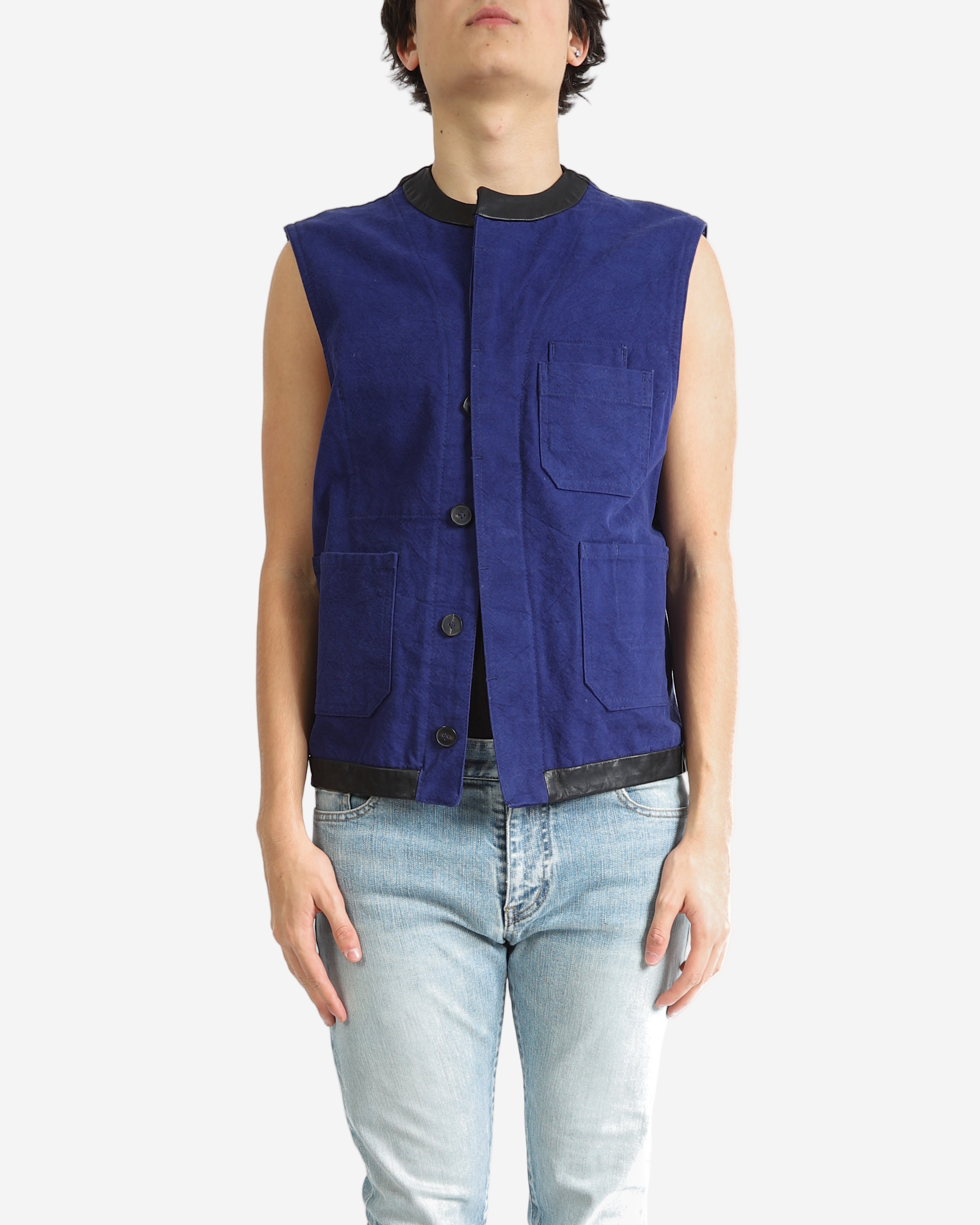 FW19 Blue Workwear Waistcoat in Blue Denim & Leather