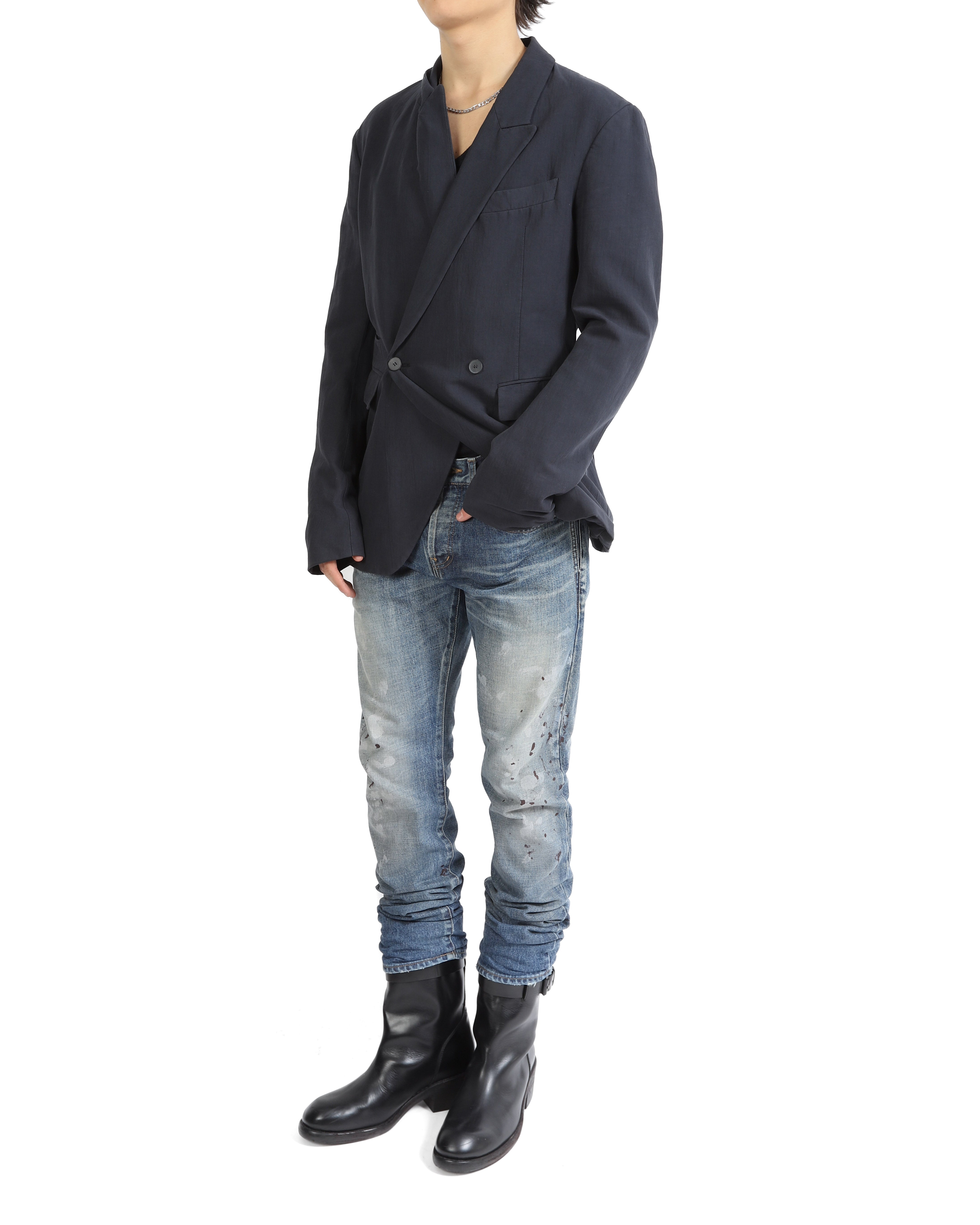 SS17 Double Breasted Blazer in Blue Cotton & Linen