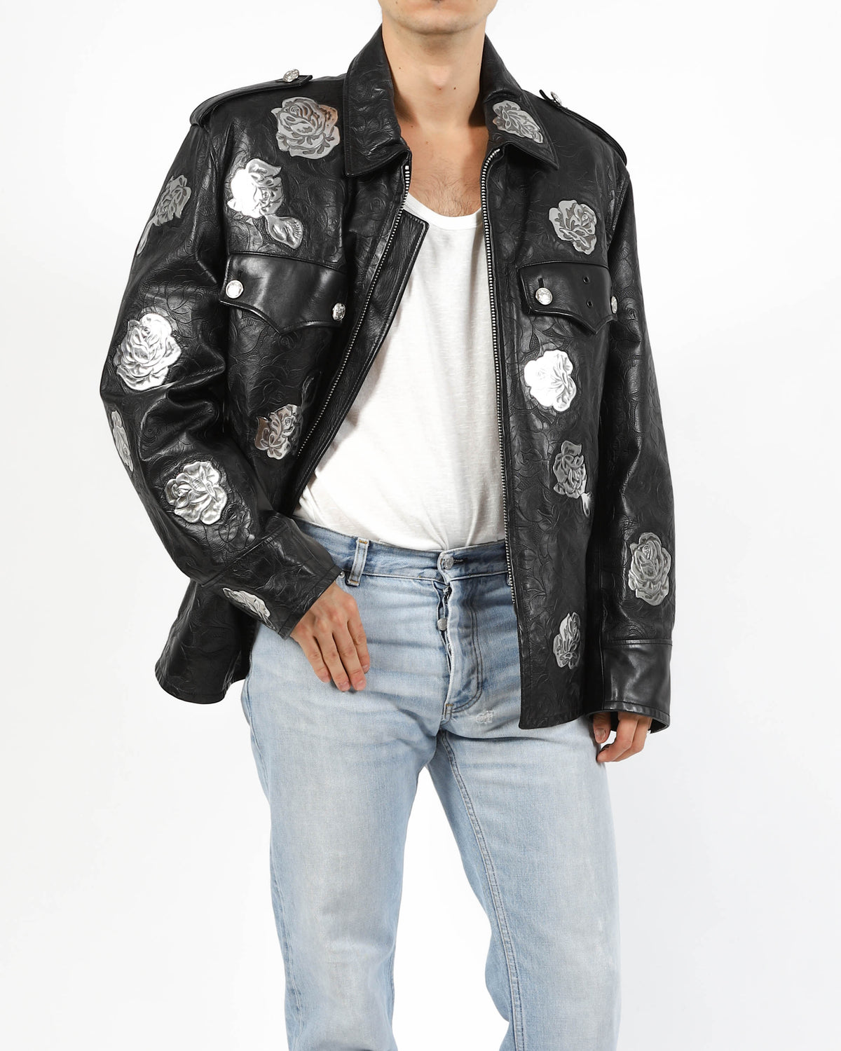 FW17 Rose Metal Appliqué Police Leather Jacket – Backyardarchive