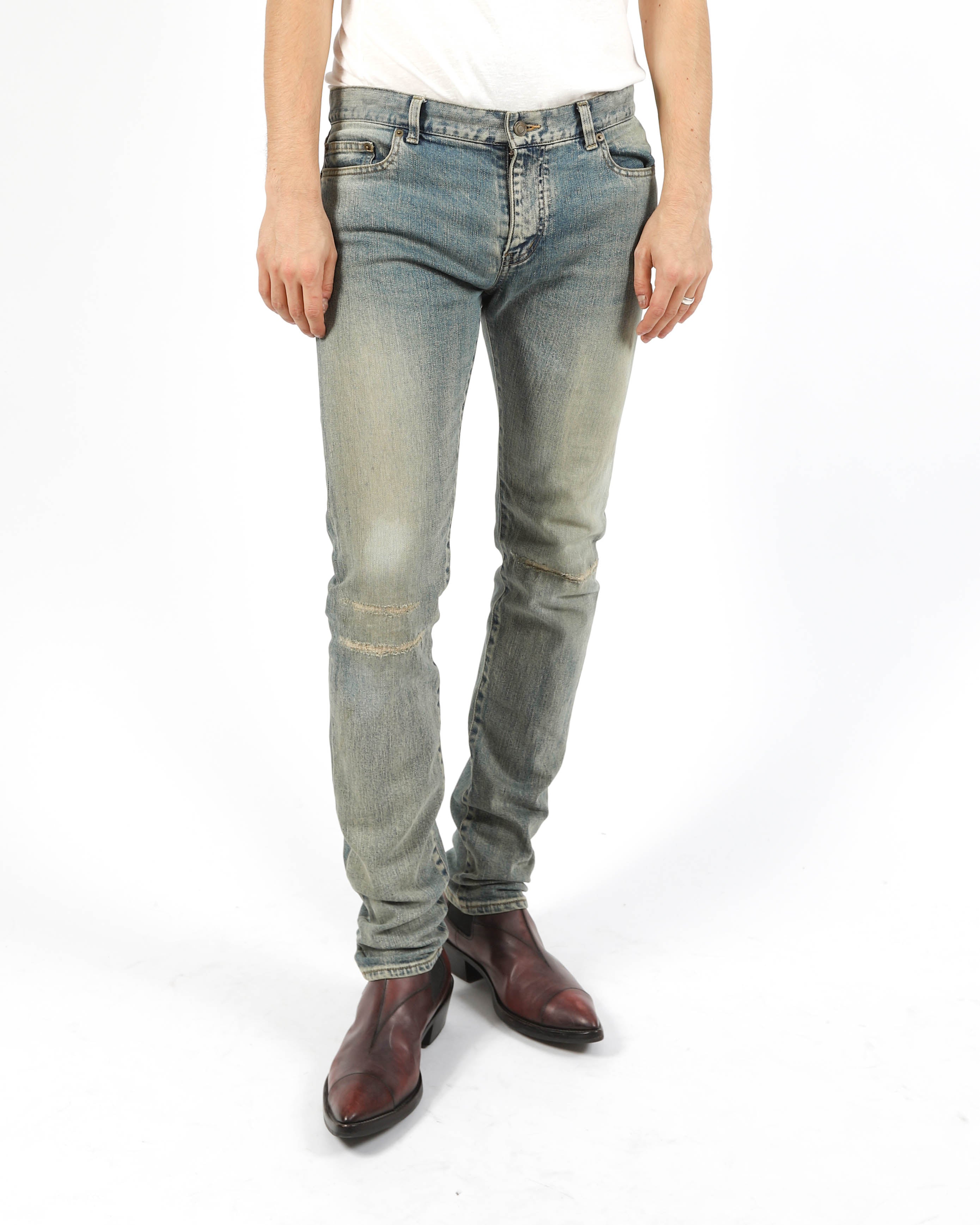 FW15 Skinny Repaired Knee Jeans in Dirty Washed Denim