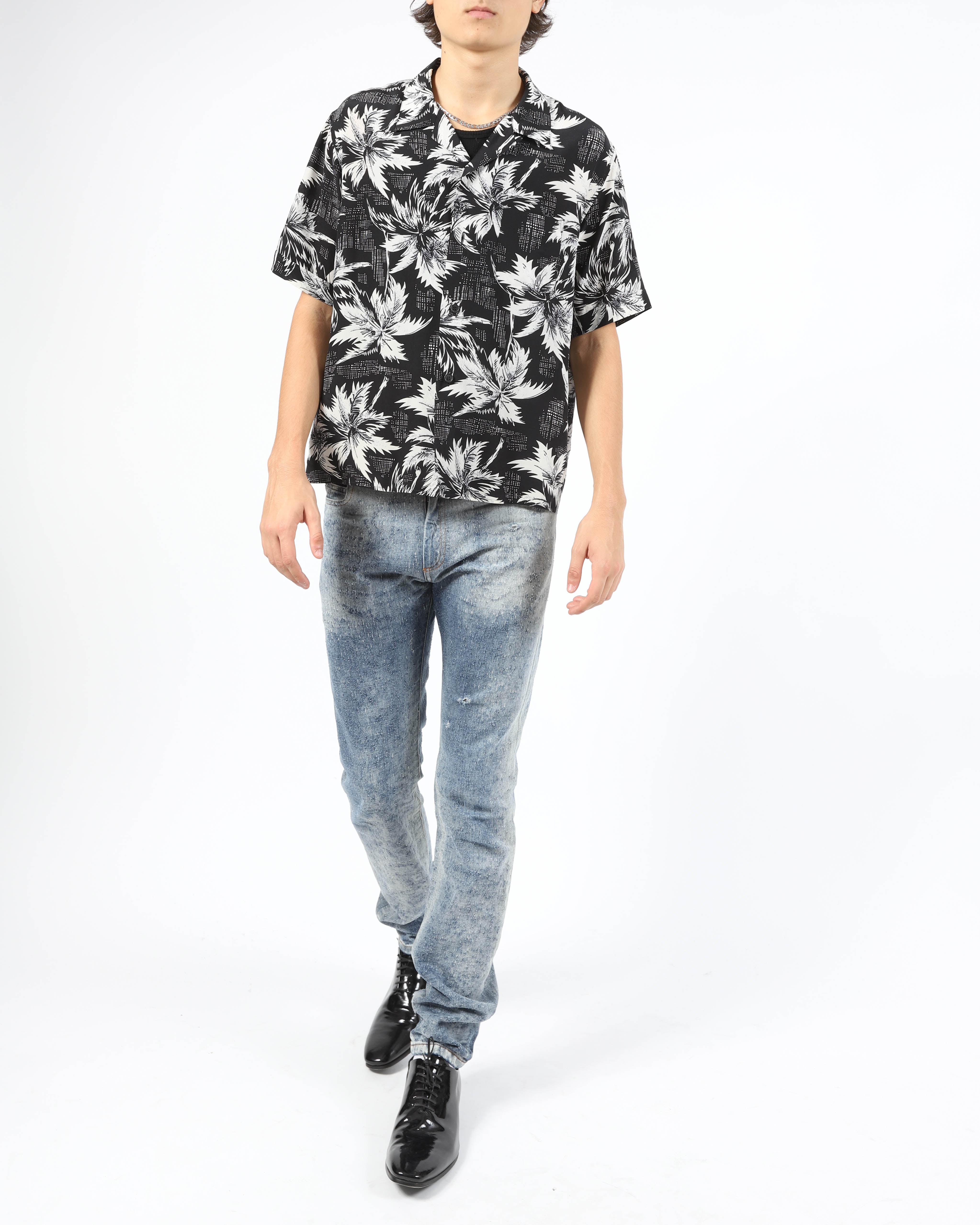 SS14 Shortsleeve Shirt in Black & White Floral Printed Silk